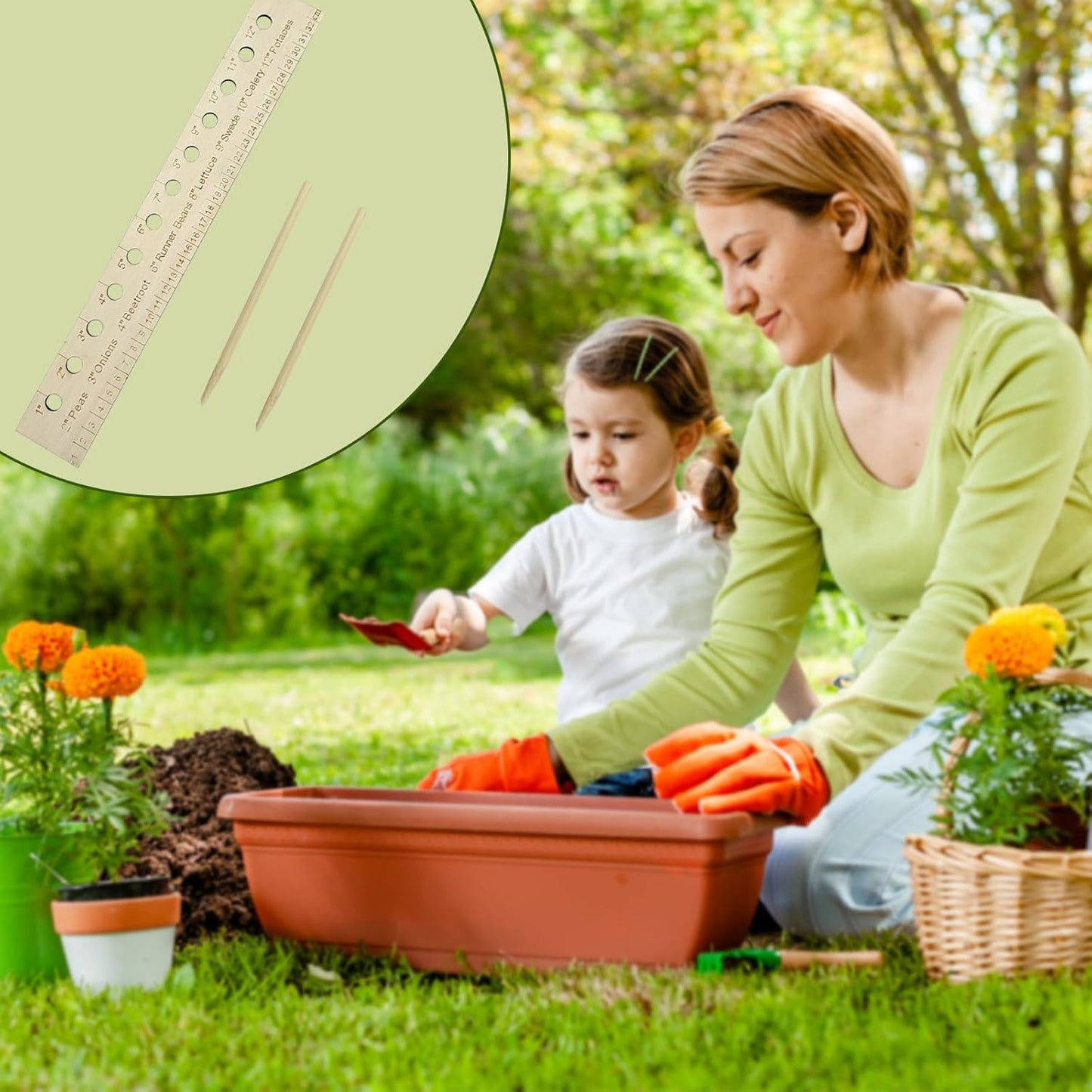 Garden Seed Spacer Planting Ruler, Precision Seed Spacer & Ruler with Holes and Plant Dibber, Wooden Measuring Tool for Seedlings, Vegetable Planting Template