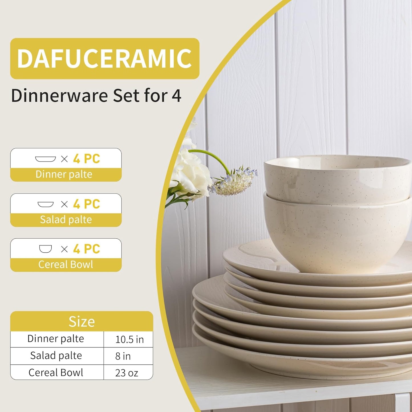 Plates and Bowls Sets, 12 Pieces Modern Stoneware Dinnerware Set for 4 Kitchen Dinner Set Ceramic Dishware Dishes Set Microwave and Dishwasher Safe (White)