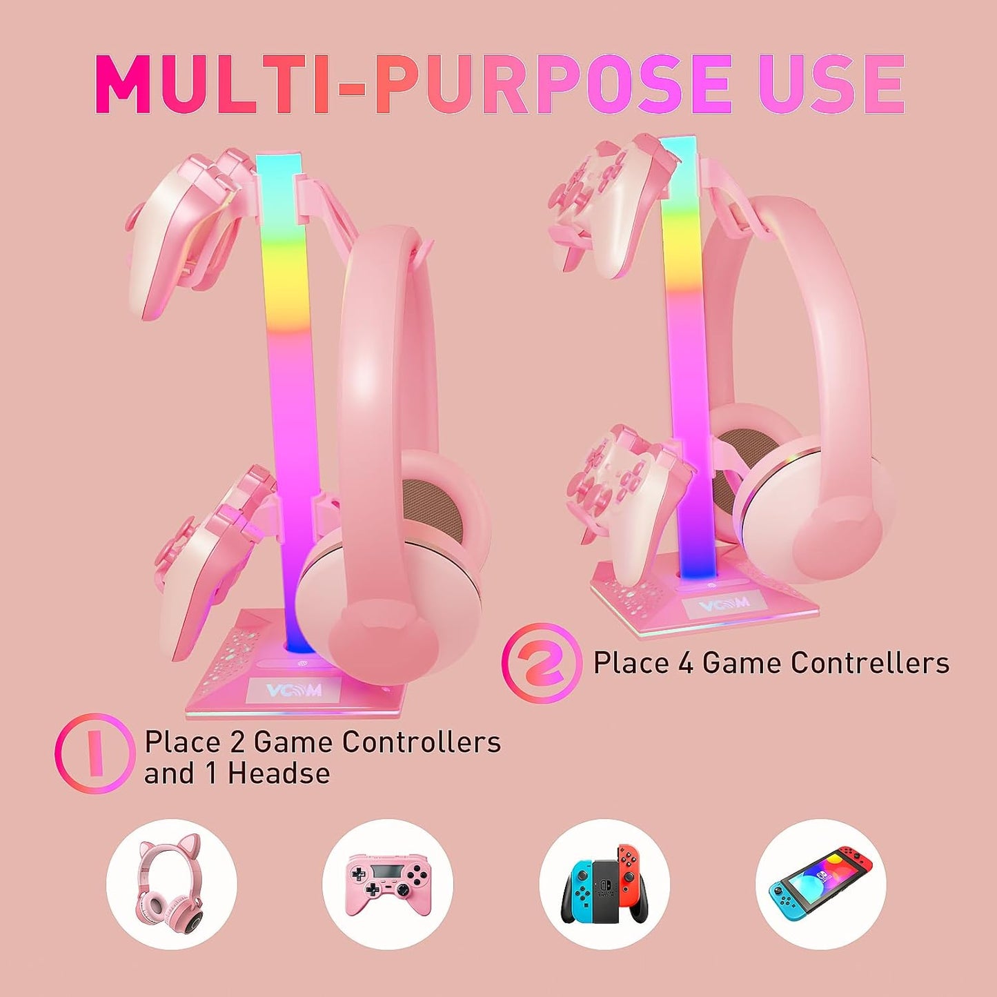 VCOM RGB Gaming Headphones Stand with 2 USB Ports, Pink Headset Stand with 10 Light Modes and Non-Slip Rubber, Suitable for PC Desk Accessories Gamers Gift(Pink)