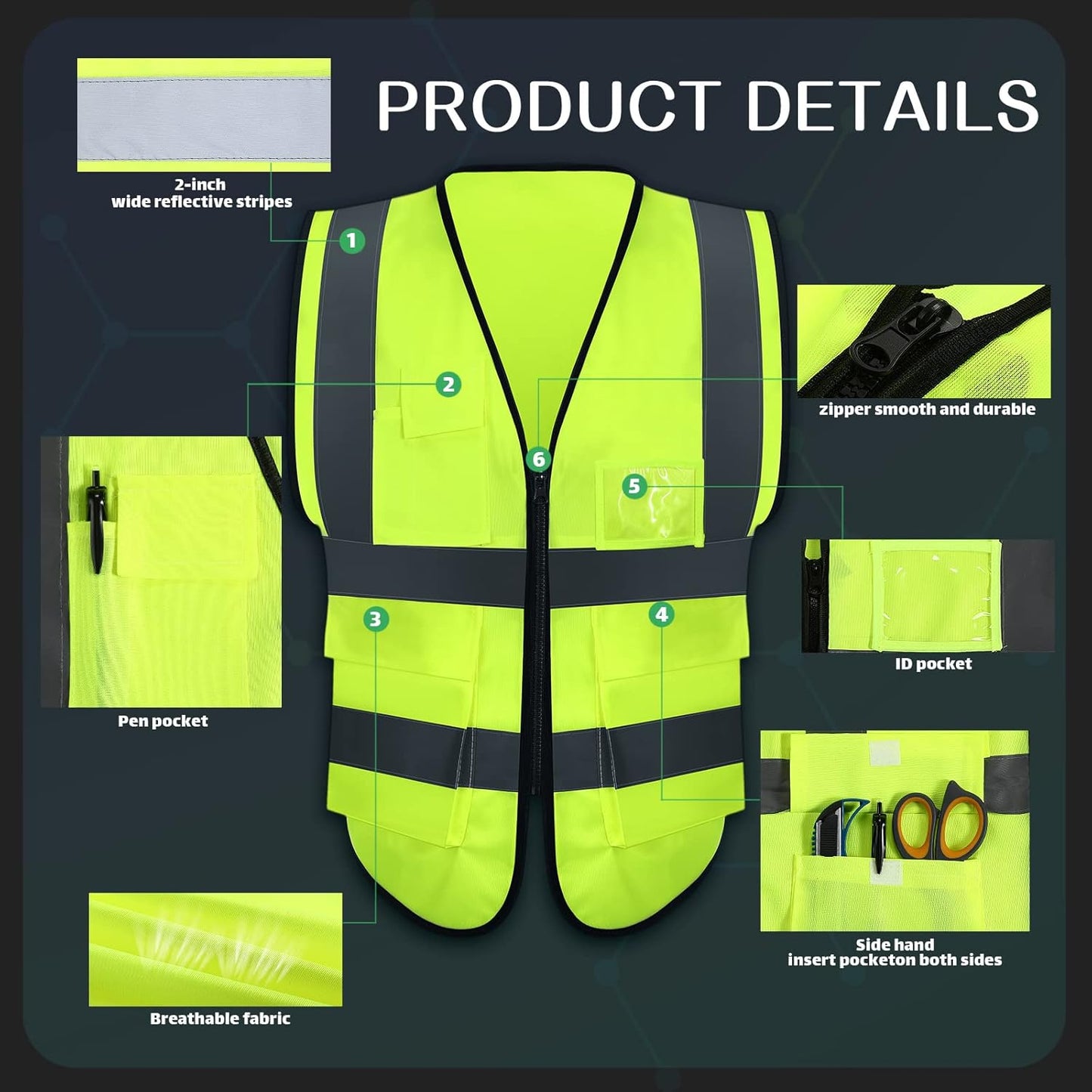 JaGely 15 Pack Reflective Safety Vests with Pockets and Zipper Construction Work High Visibility Vest for Men Women(Large,Fluorescent Green)