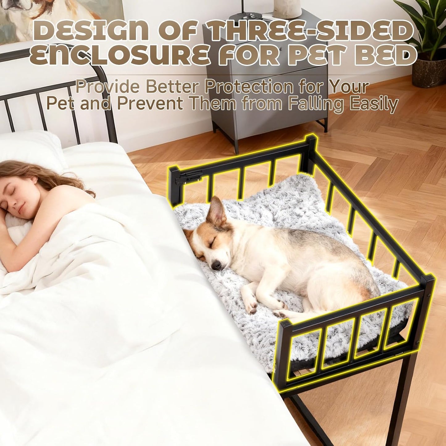 Beside Dog Bed and Mattress Set - Metal Three-Sided Fence Pet Dogs Bed Frame, Adjustable Height Dogs Bed Extension Attachment for Human Bed, for Small/Medium Puppy(25.5''L x 17.7''W)