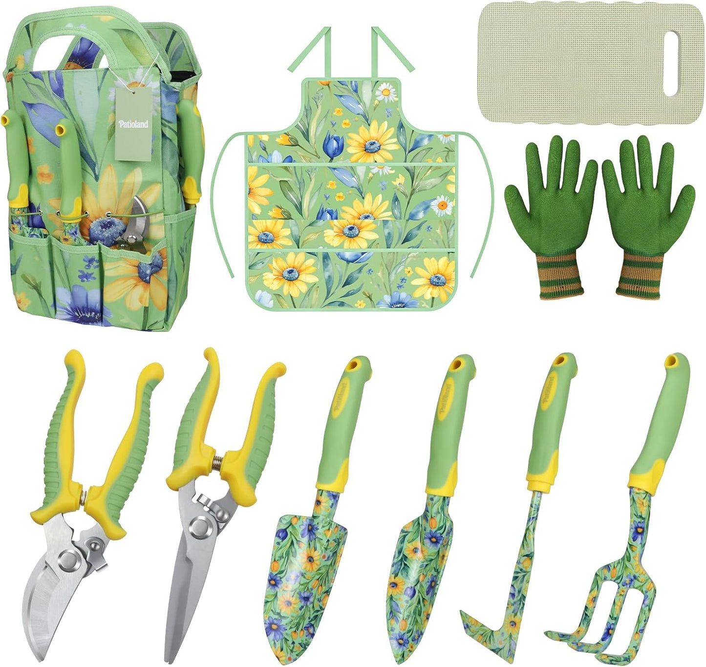 10-Piece Garden Tool Set – Green Floral Print Gardening Hand Tools with Non-Slip Handles, Heavy Duty Rust-Proof Aluminum Tools, Organizer Tote Bag, Ideal Gardening Gifts for Women & Grandma