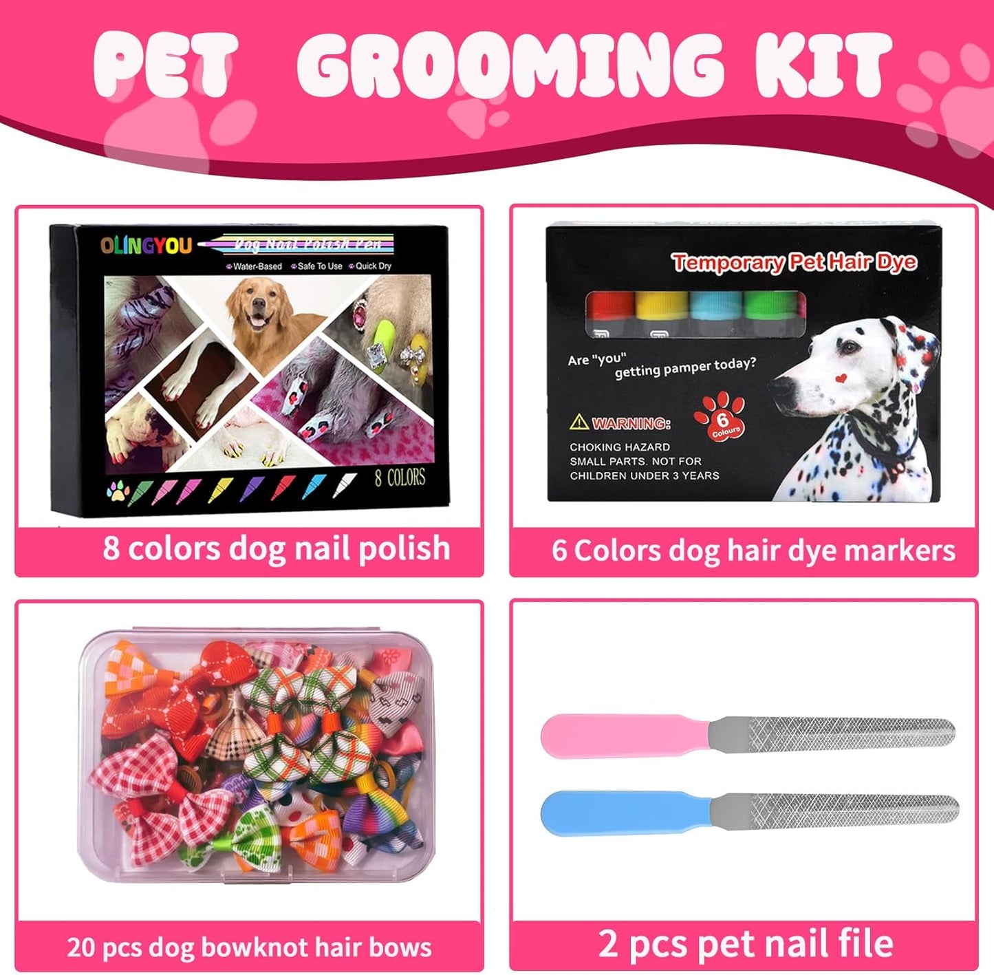 Pet Grooming Kit- 6 Colors Washable Dog Hair Dye Markers, 8 Colors Nail Polish, 20 PCS Cute Dog Bowknot Hair Bows ,Dog Beauty Care Supplies for Safe & Fun Styling,Birthday Gifts to PET Lovers Set