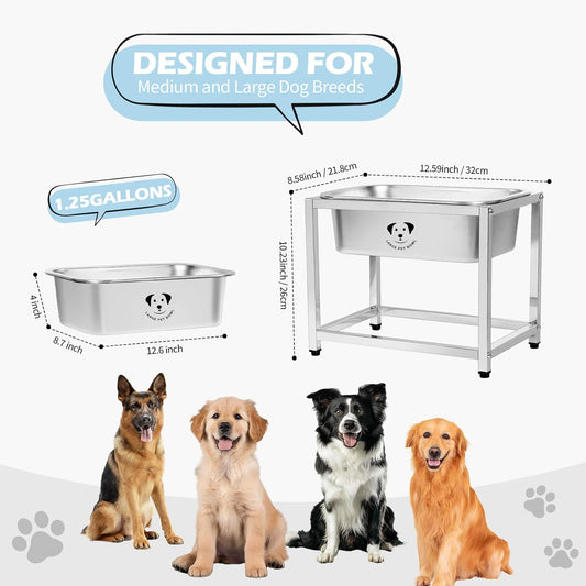 1.25 Gallon Elevated Large Dog Water Bowl, 10.23" Raised Stainless Steel Bowl for Medium Large Breed, Elevated Dog Water Bowl with Full Metal Stand, Easy to Clean and Assemble for Indoor Outdoor