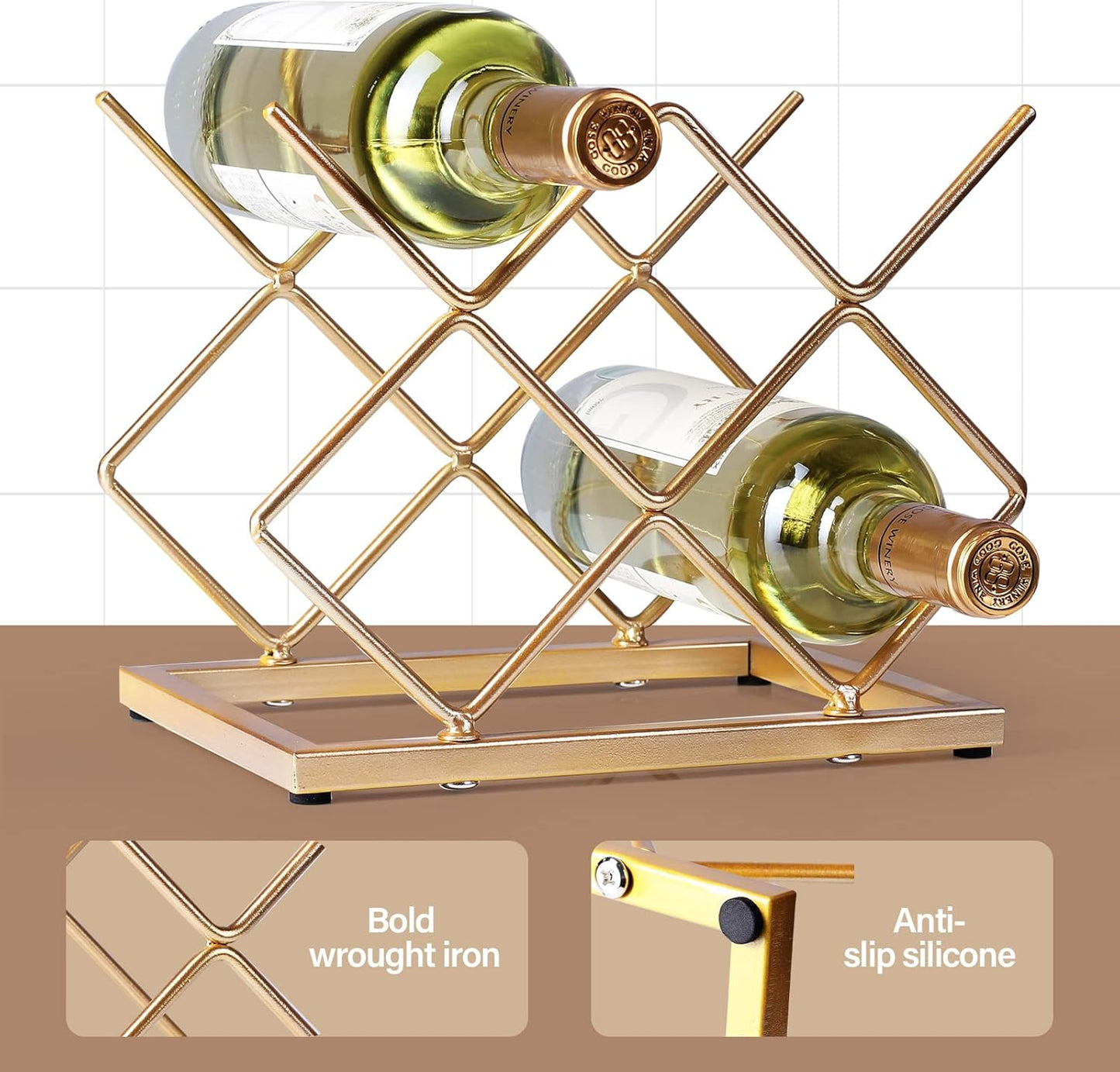 Countertop Wine Rack - 5 Bottle Freestanding Modern Gold Metal Small Wine Rack - Tabletop Wine Holder Stand for Cabinet, Pantry, Wine Bottle Storage…