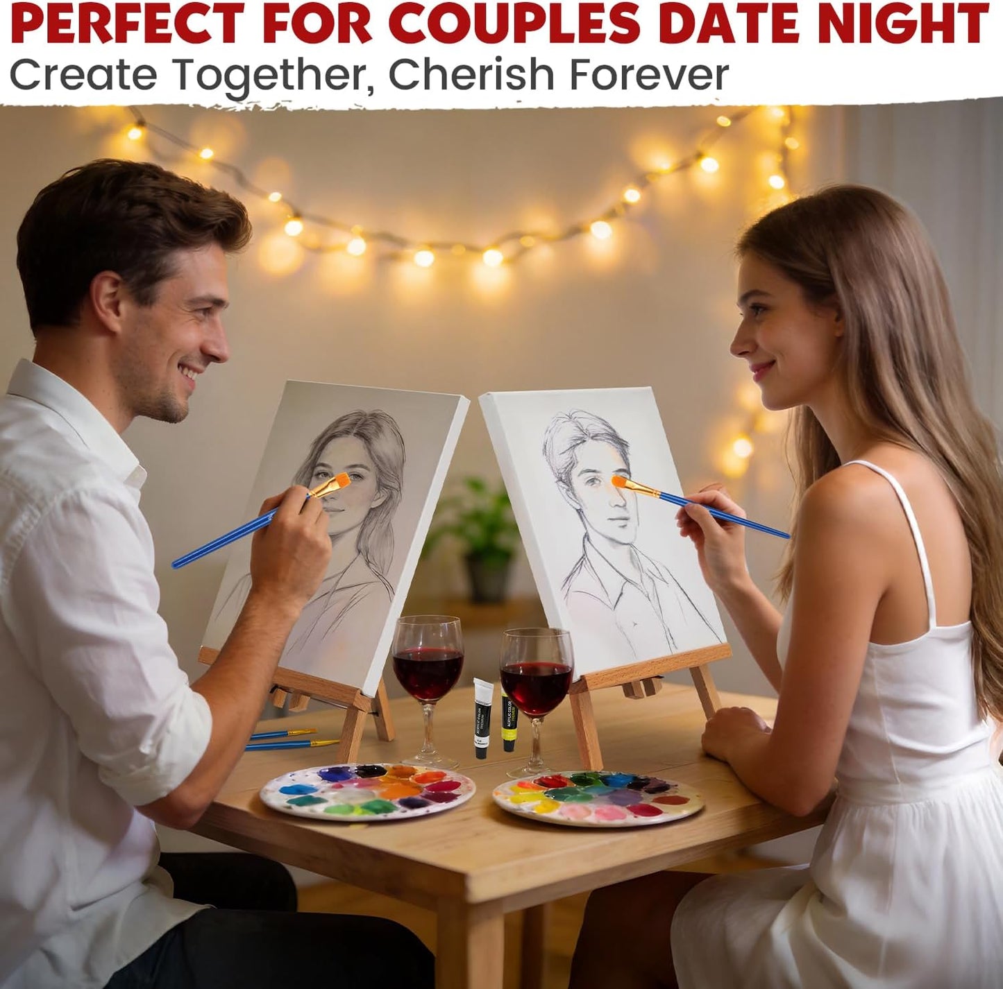 Set of 2 Acrylic Painting Kits for Adults and Couples, Sip and Paint Kit for Date Night, Acrylic Painting Kit with Canvas Boards and Easels, Professional Art Set for Couples, Families, Beginners