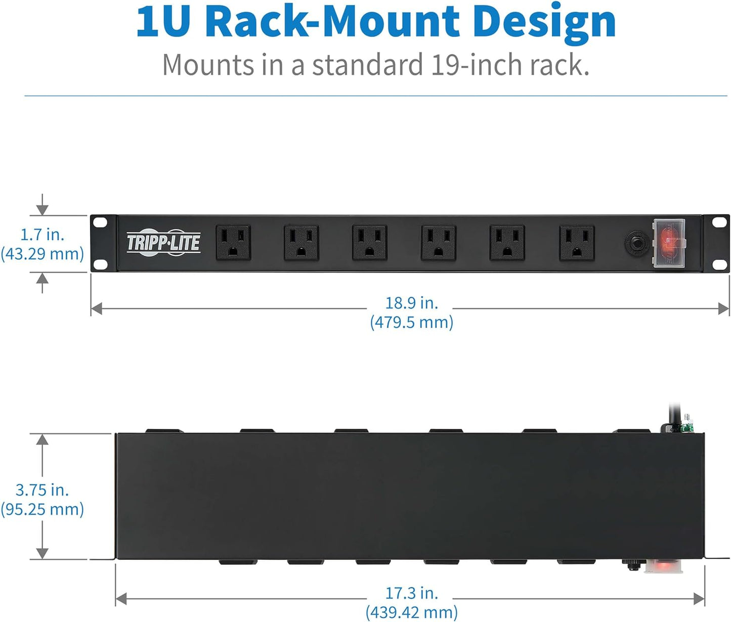 Tripp Lite 12-Outlet Rack Mount Power Strip PDU, Six Front & Six Rear Facing Outlets, 15A, 120V, 15ft Cord with Right-Angle Plug, Horizontal 1U Rack Mount, Black