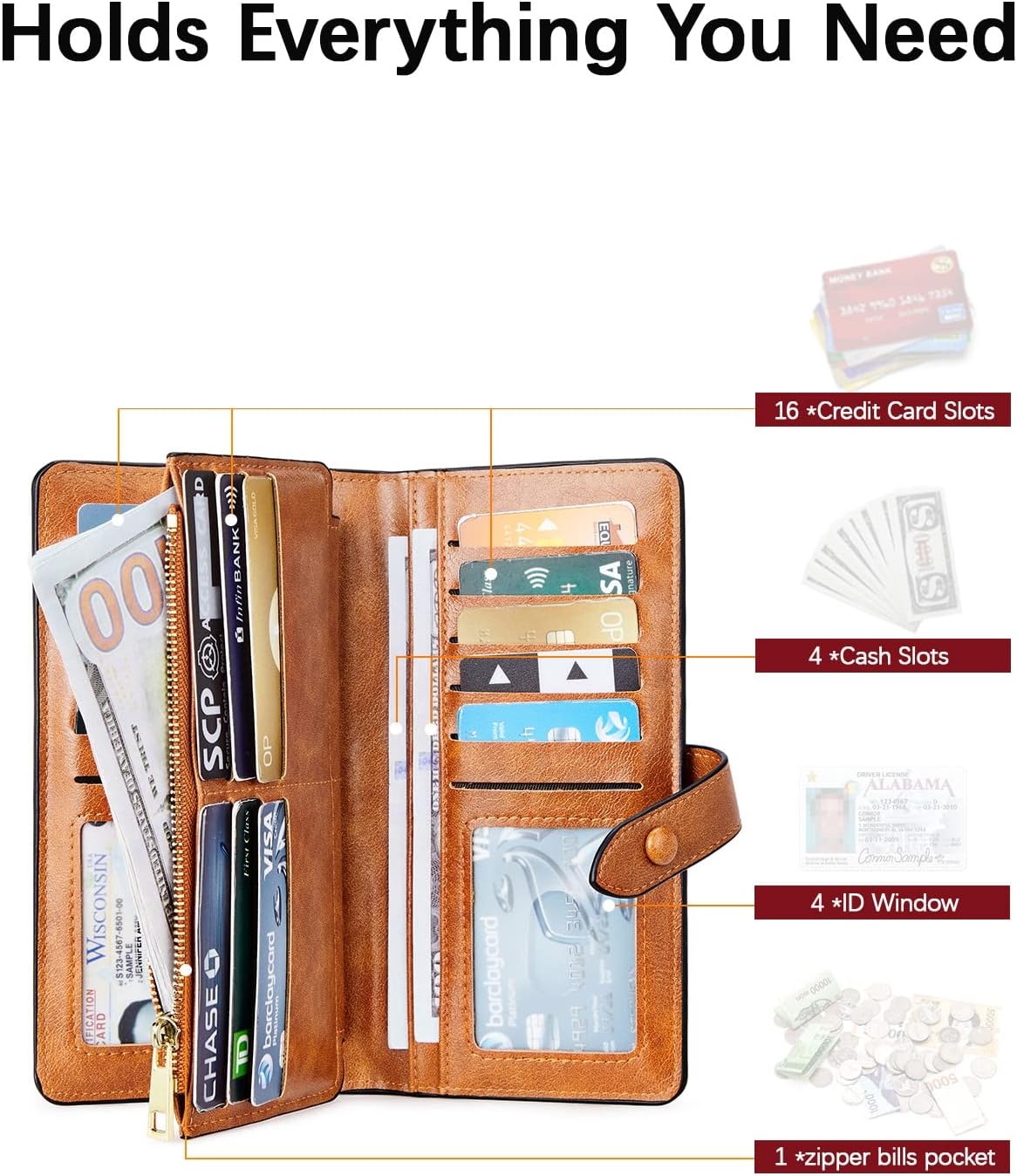 BOSTANTEN Leather Wallets RFID Blocking Large Capacity Trifold Card Holder Ladies Phone Clutch Brown
