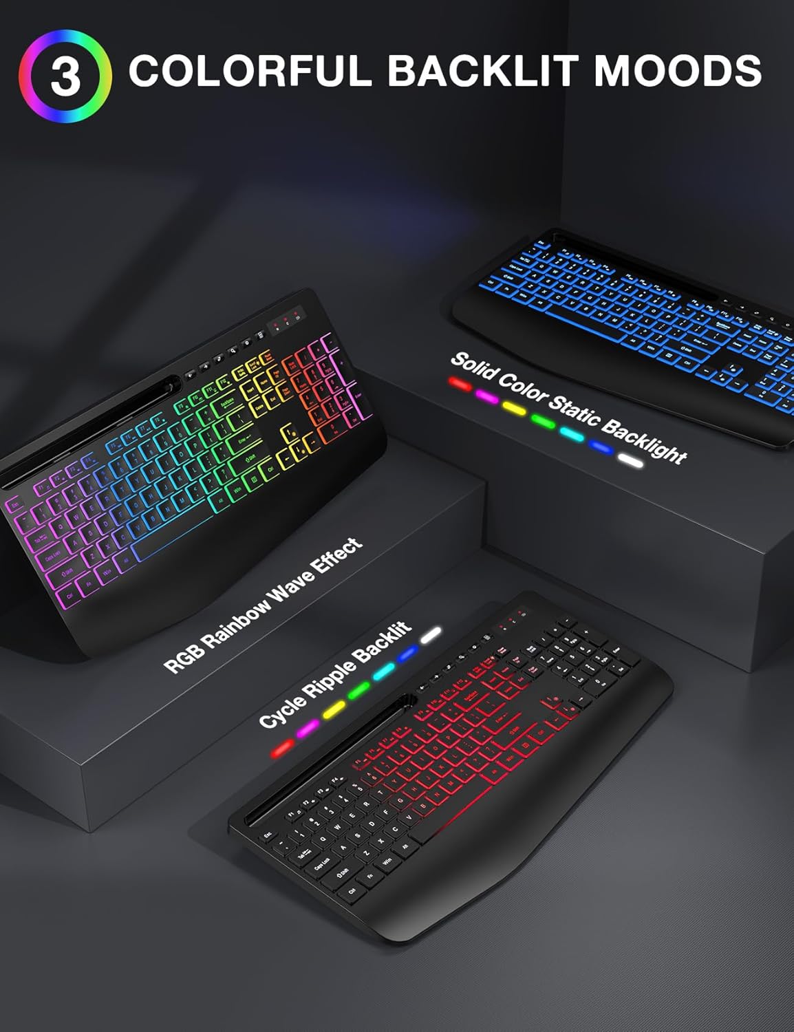 Wireless Keyboard and Mouse Combo - 9 Backlit Effects, RGB, Ergo Wrist Rest, Phone Holder, 2.4G Full Size, Rechargeable, Sleep Mode, KM22 MAX Quiet Set for Computer, PC, Laptop, Mac, Windows- SABLUTE