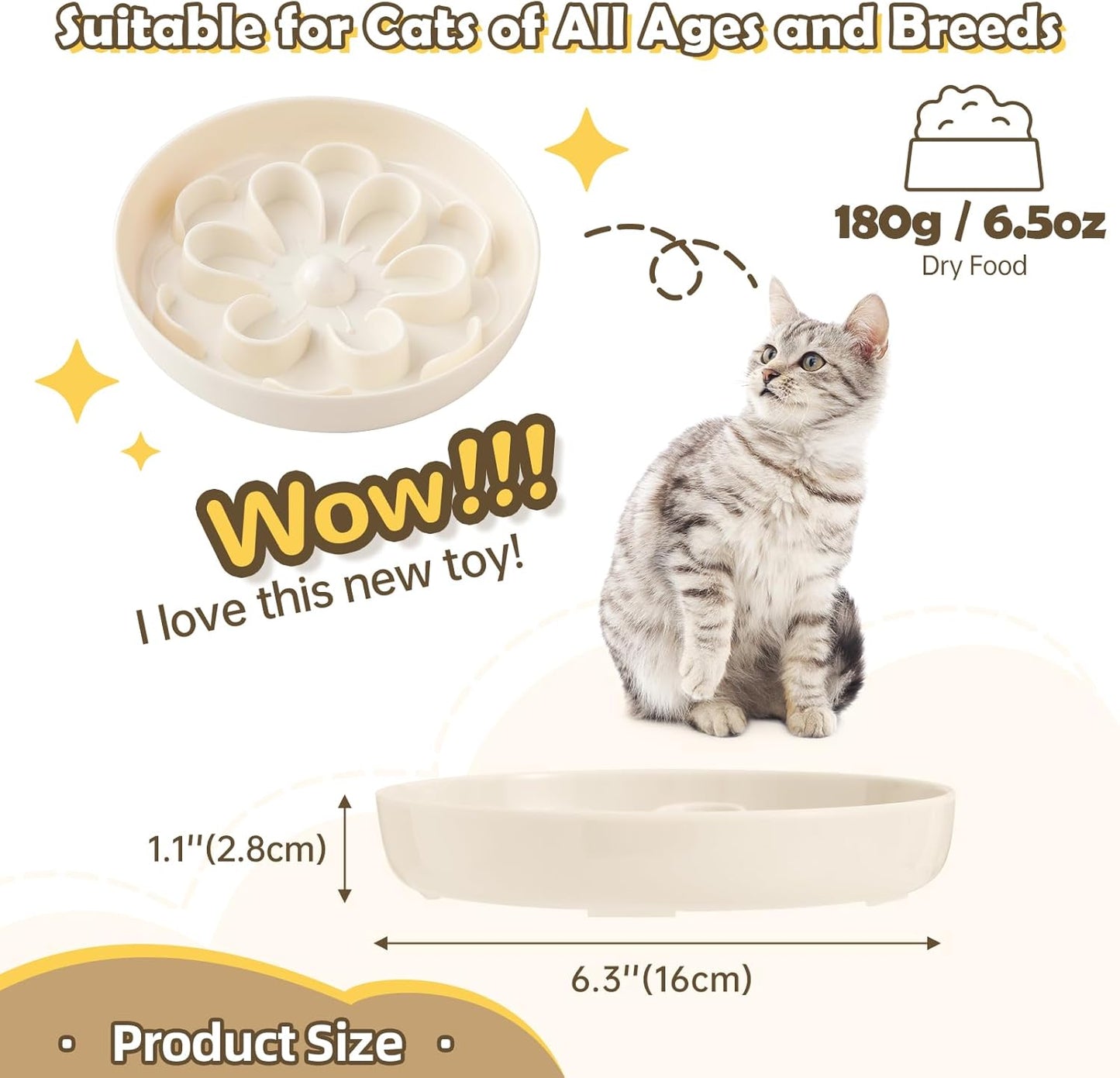 Melamine Slow Feeder Cat Bowl - Cute Blossom Maze Cat Dish - Fun Interactive Plate for Dry & Wet Food - Whisker Friendly - Dishwasher Safe - 6.3''W x 1.1''H