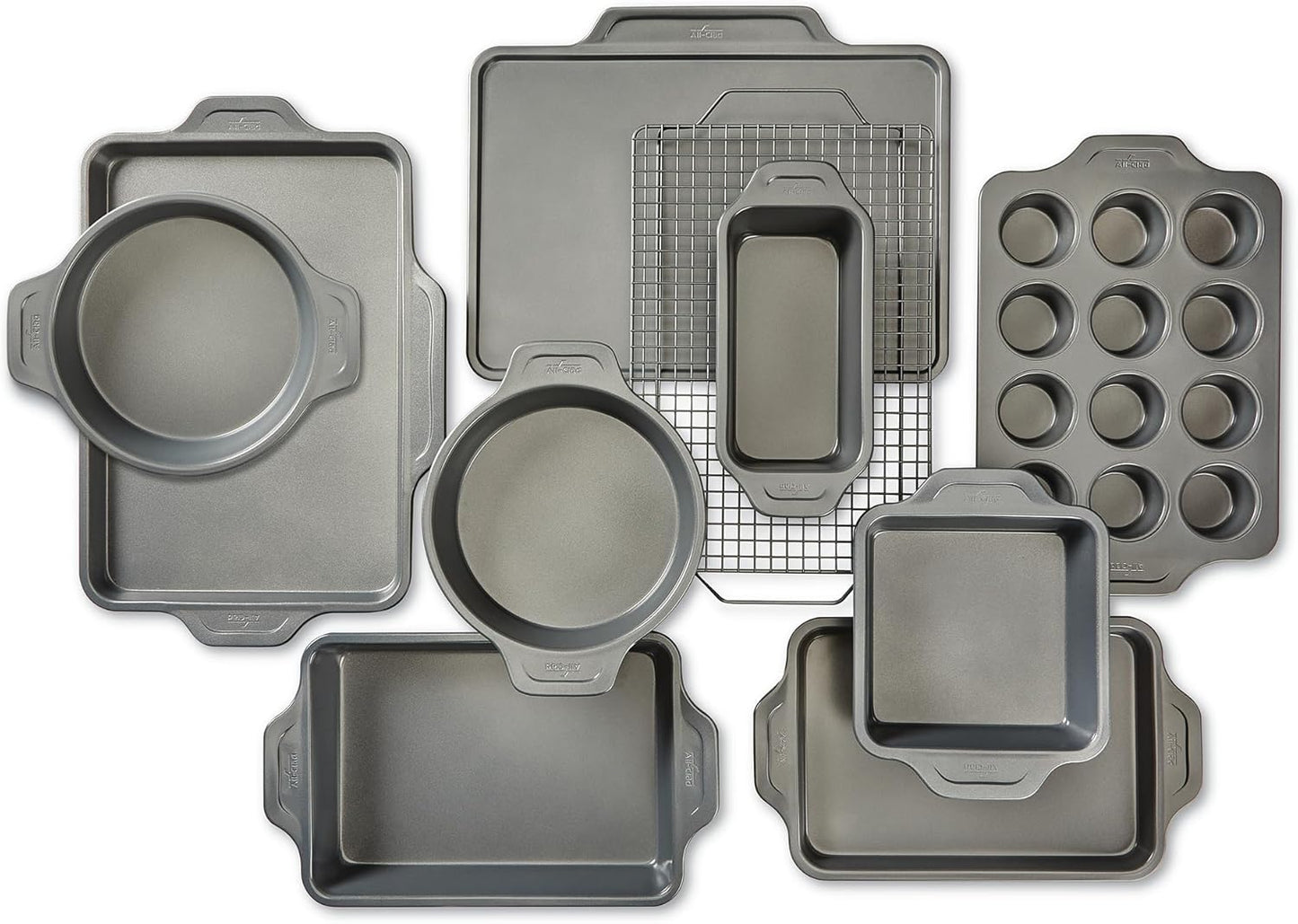 All-Clad Pro-Release Nonstick Bakeware Set 10 Piece Oven Safe 450F Half Sheet, Cookie Sheet, Muffin Pan, Cooling & Baking Rack, Round Cake Pan, Loaf Pan, Baking Pan Grey