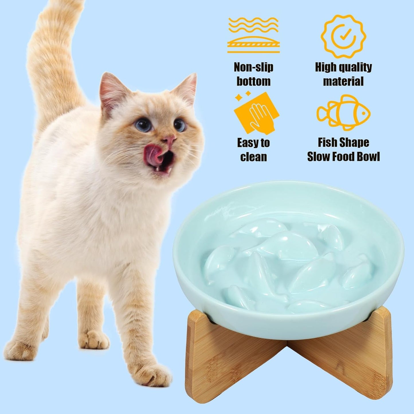 Raised Cat Bowl Elevated Cat Bowls with Wood Stand Ceramic Raised Cat Slow Feeder Bowl 6.4×1.14 Inch Cat Feeding Bowl Anti Vomiting Cat Food Bowl Non-Slip Slow Eating Cat Bowl Cat Dish Feeder