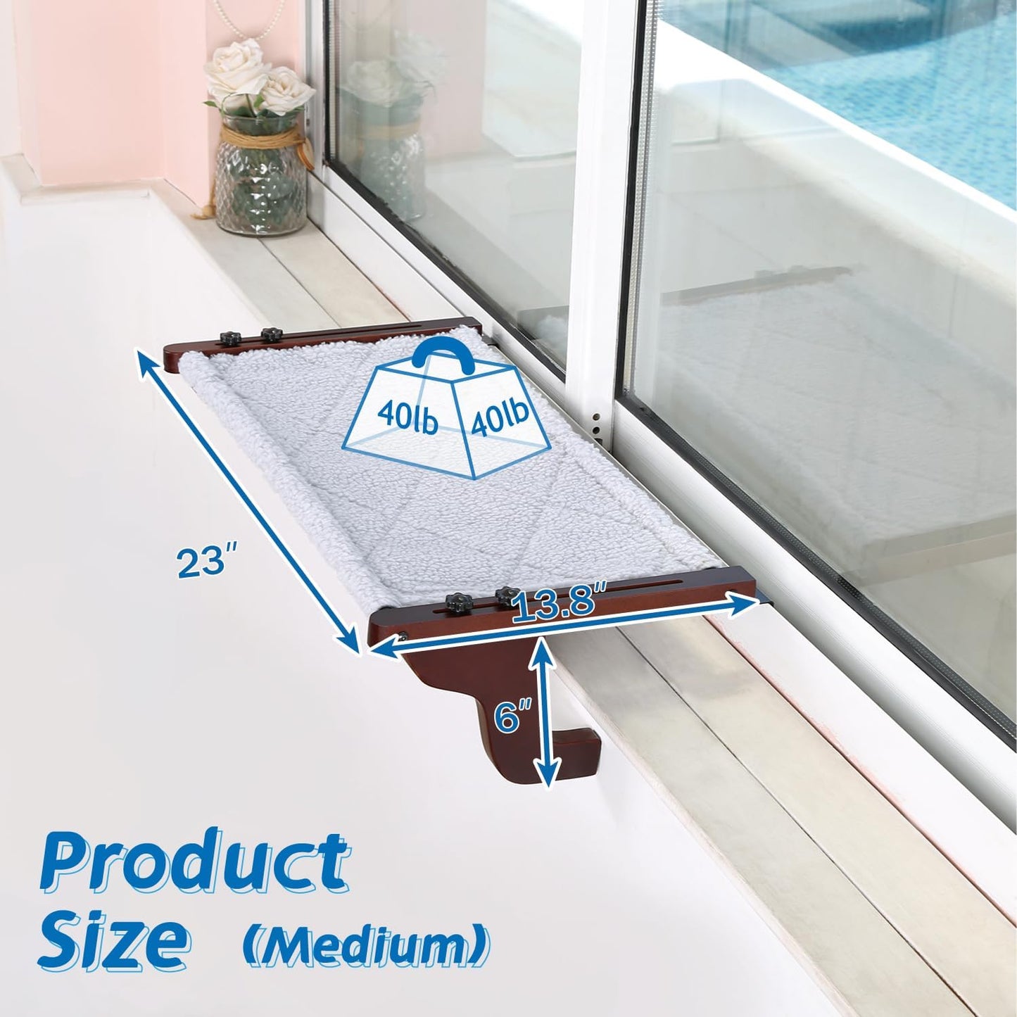 Zakkart 2PC Easy Seat Cat Perch for Window Sill - Hammock Design w/Pine Wood & Robust Metal Frame - Cat Window Seat for Large Cats and Kittens (Dark Stained Wood w/Gray Bed, Medium (23''W x 14''D))