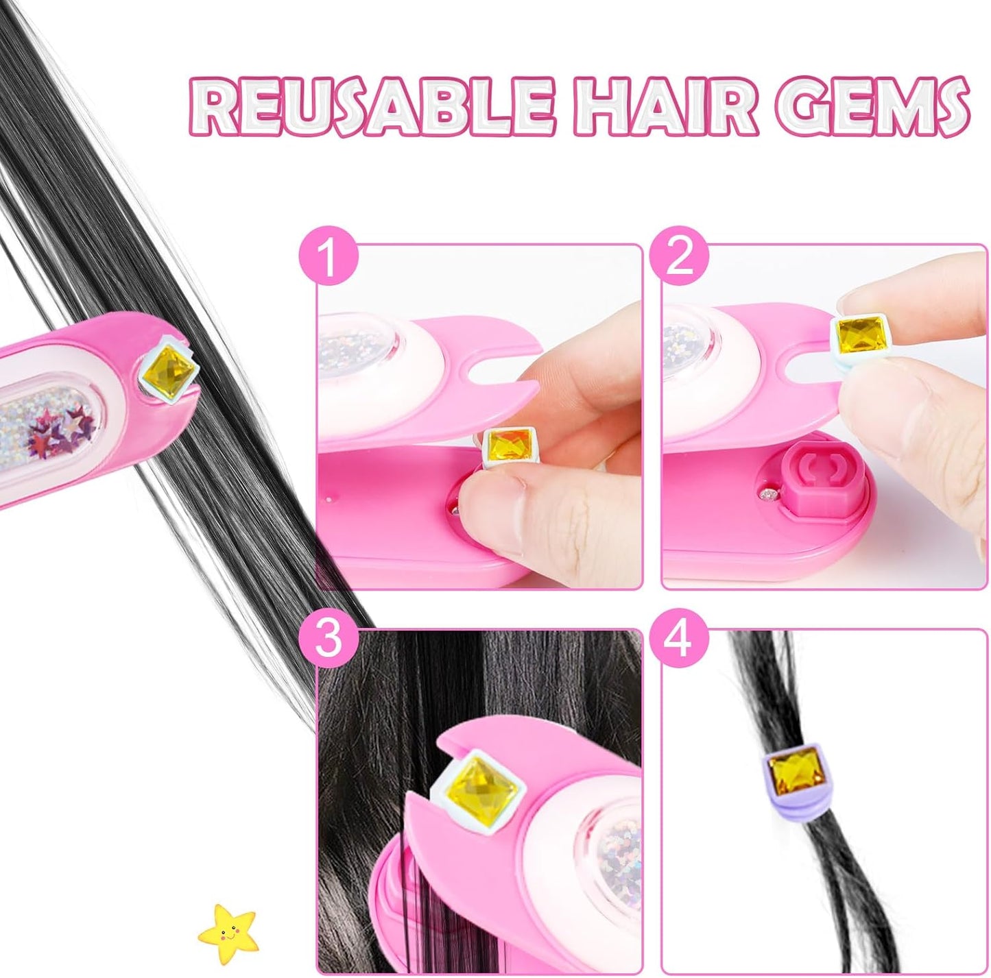 Hair Gem Stamper Kit, Bling Hair Jewels for Girls Toys, Hair Styling Tool with Reusable Shining Diamonds, Birthday Gifts Toys for Girls Ages 3 4 5 6 8-12 (Pink)