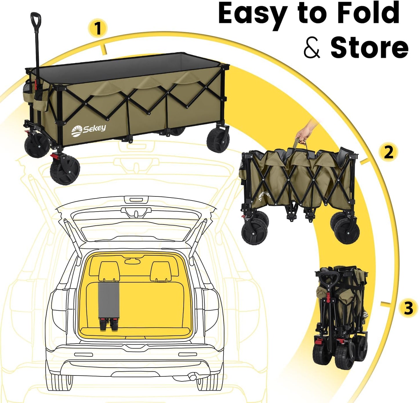 Sekey 48''L Collapsible Foldable Extended Wagon with 660lbs Weight Capacity, Heavy Duty 300L Folding Utility Garden Cart with Big All-Terrain Beach Wheels & Drink Holders. Khaki