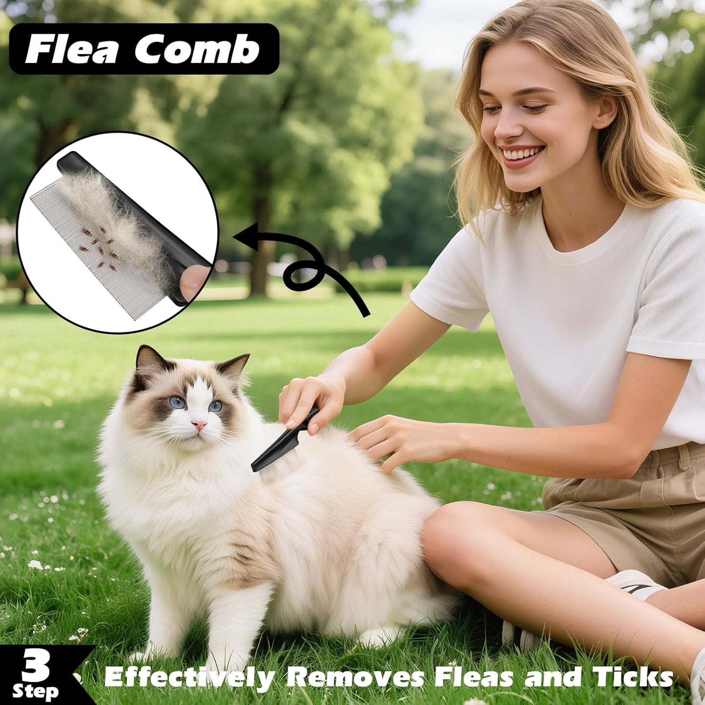 3PCS Self Cleaning Slicker Brush & Pet Grooming Rake & Flea Comb for Dogs, Cats and Horses | Double-Sided Dematting Comb & Skin Friendly Deshedding Grooming Tool | Premium Pet Supplies (Blue)