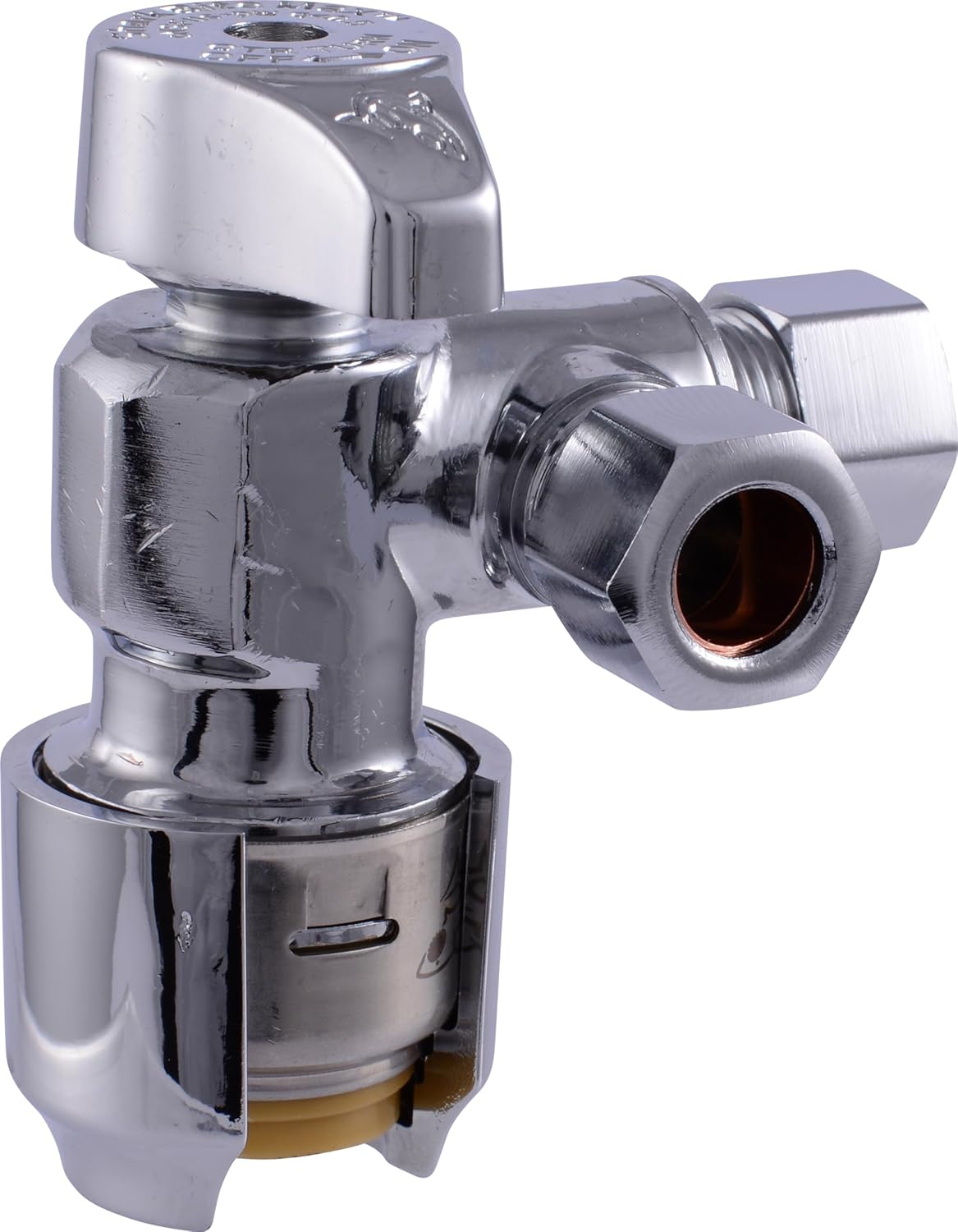 SharkBite Max 1/2 x 1/2 x 3/8 Inch Compression Dual Outlet Angle Stop Valve, Quarter Turn, Push to Connect Brass Plumbing Fitting, PEX Pipe, PE-RT, CPVC, Copper Pipe, UR25558