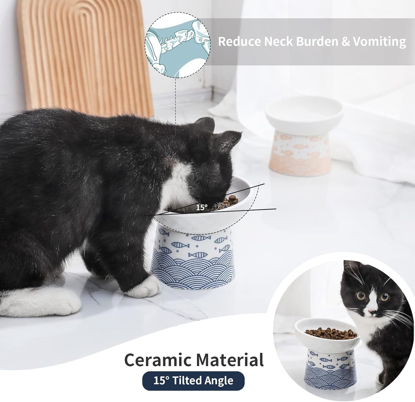 TAMAYKIM Tilted Ceramic Elevated Cat Bowls, Food and Water Raised Bowl Set for Kitty Cats and Small Dogs, Porcelain Elevated Stress Free Feeding Pet Bowl Dish, Set of 2