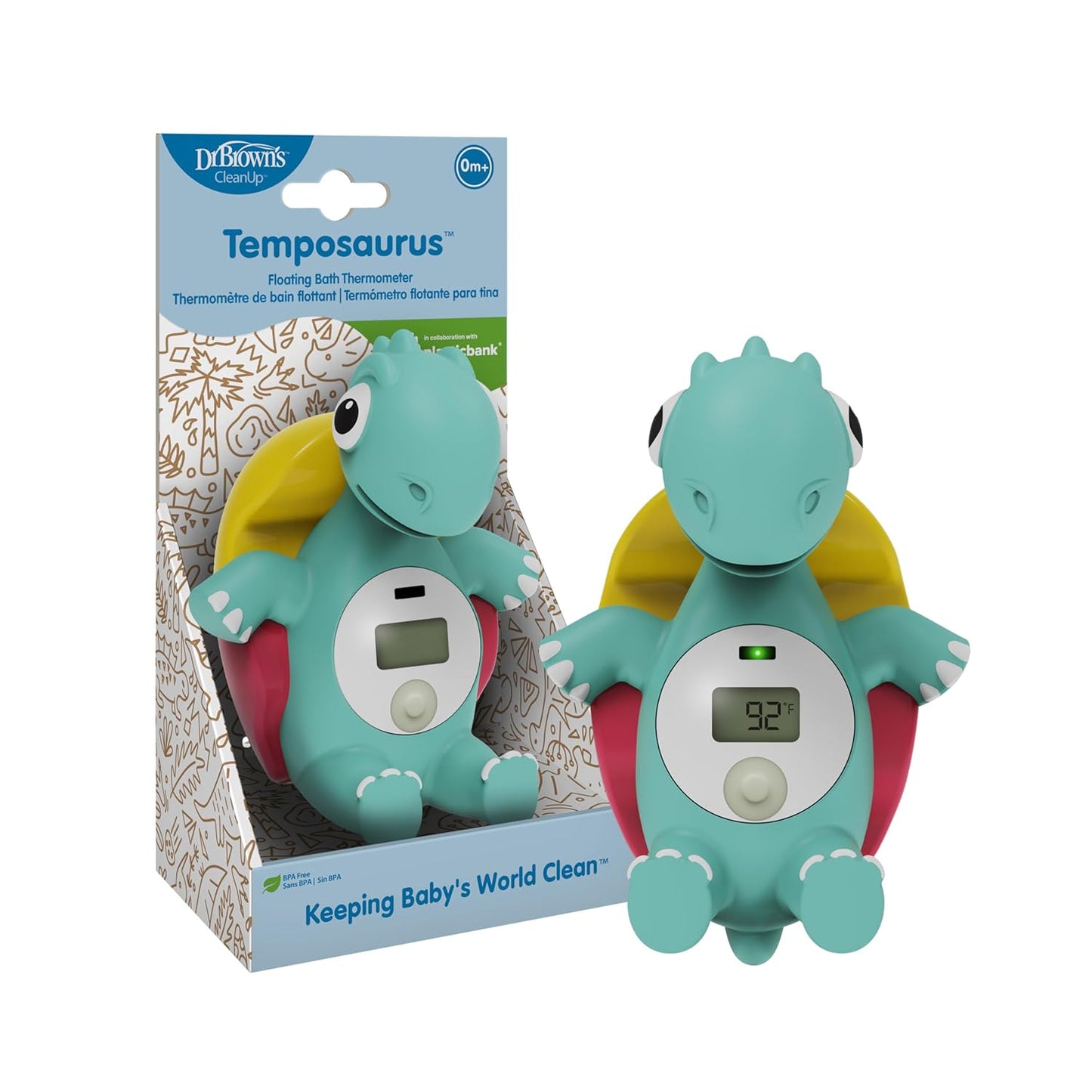 Dr. Brown's CleanUp Temposaurus Floating Bath Thermometer for Accurately Measuring Baby's Bath Water Temperature, BPA Free