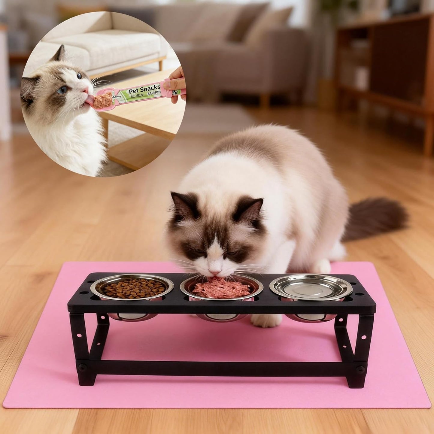 10°Tilted Elevated Cat Bowls with Food Mat & 3 Stainless Steel Pet Dishes, Raised Cat Food Water Bowls Set, Anti-Vomiting for Indoor Cats and Small Dogs, Bonus Treat Spoon
