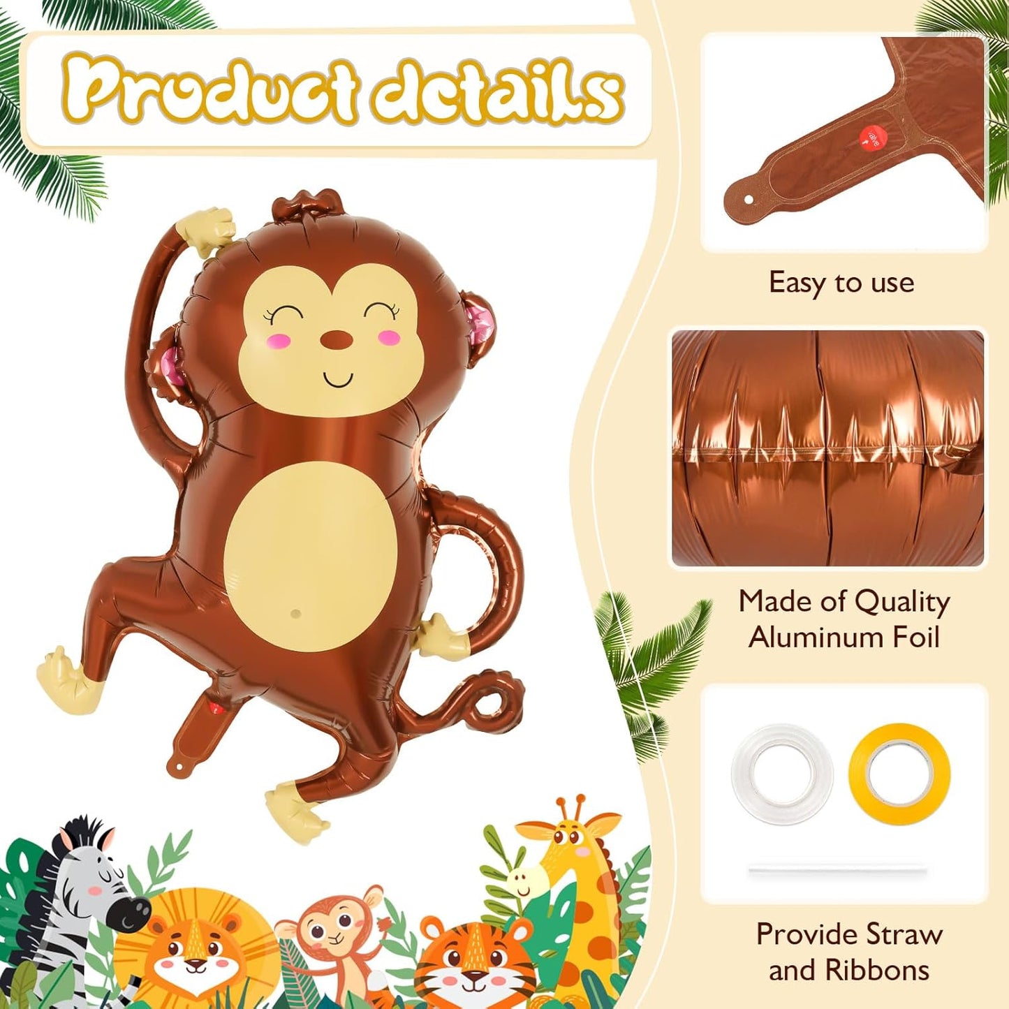 6 Pcs Safari Balloons,Jungle Safari Animals Foil Balloons,Giant Zoo Animal Balloon Zebra Elephant Monkey Lion Giraffe Leopard Shaped Animal Balloon for Zoo Wildlife Theme Birthday Party Decorations