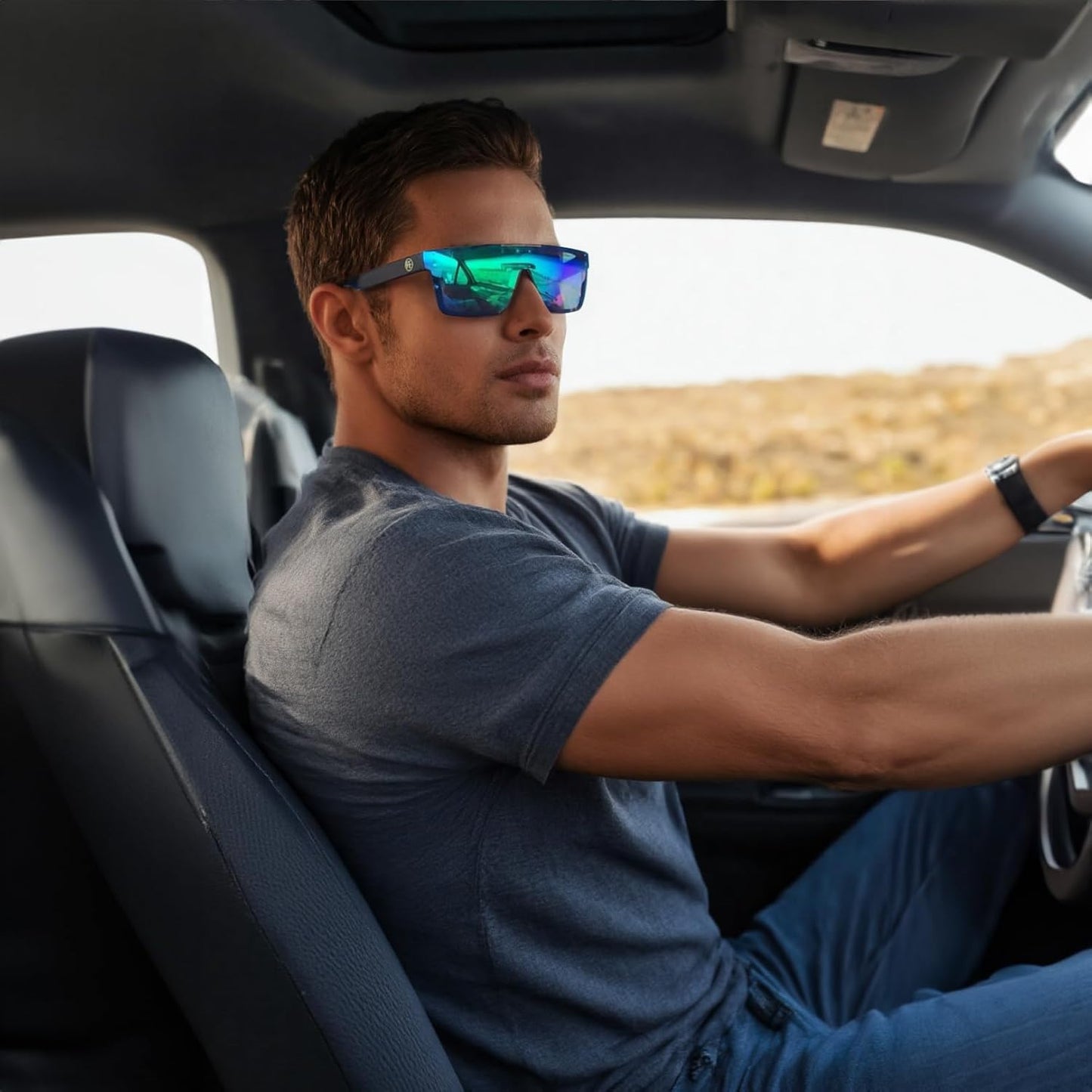 FEISEDY Polarized Sunglasses for Men, Oversized Square Flat Mirrored Z87 Lens, Fishing Driving Golf Outdoors Coastal B2990