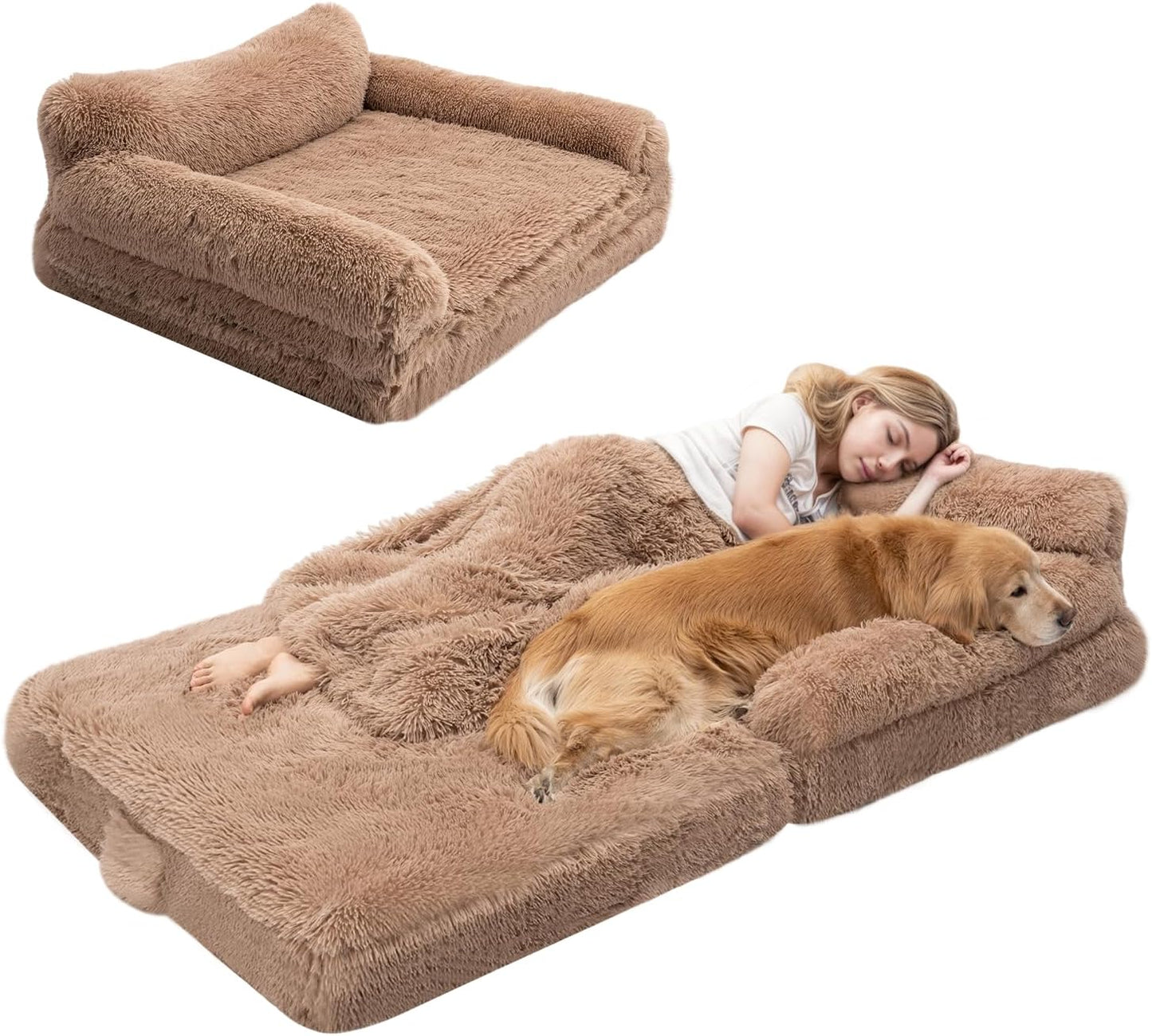 Foldable Human Dog Bed for Adults, Fluffy Human Sized with Blanket, Orthopedic Washable Dog Bed with Memory Foam and Water Repellent Liner for Pet (Brown, 72 * 44 * 10 inch)