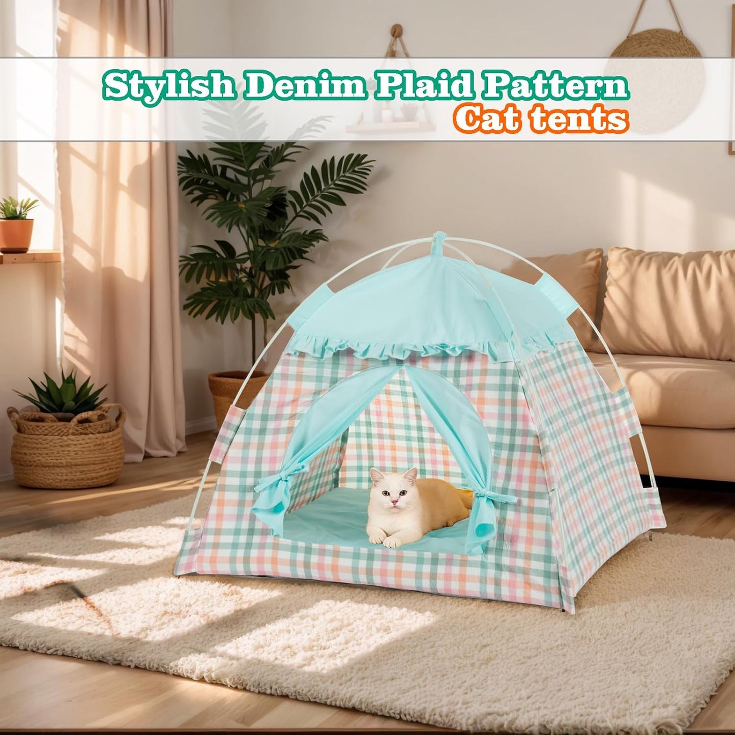 Foldable Cat Tent for Indoor & Outdoor Use - Features Breathable Mesh Fabric and a Stylish Denim Plaid Pattern | Perfect as Cat Tents, Cat House, or Puppy Tent