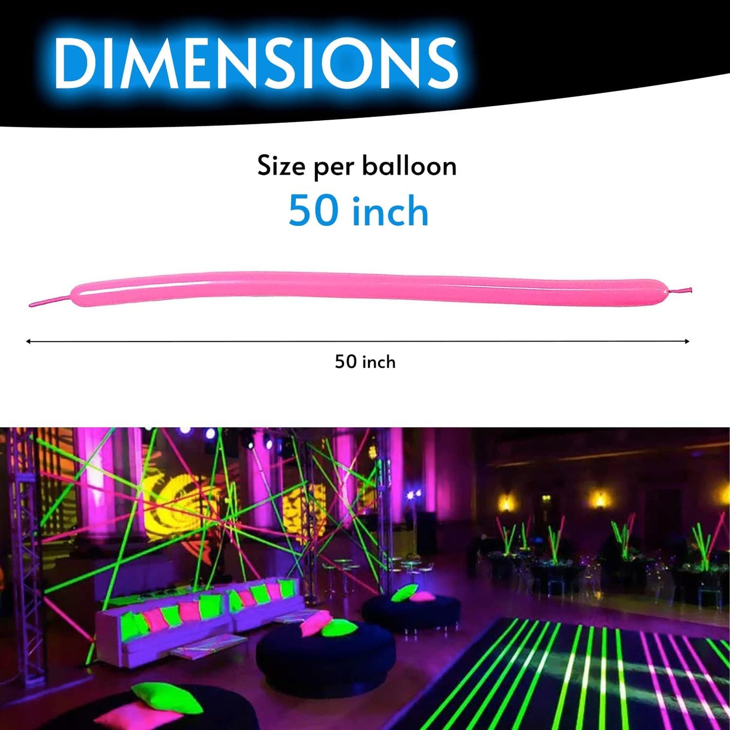 Glow King Neon Tying Balloons - Fluorescent Neon Glow Party Balloons for Tying Balloon Animals - Blacklight Reactive Party Supplies - Neon Party Decorations for Black Light Parties - (75)
