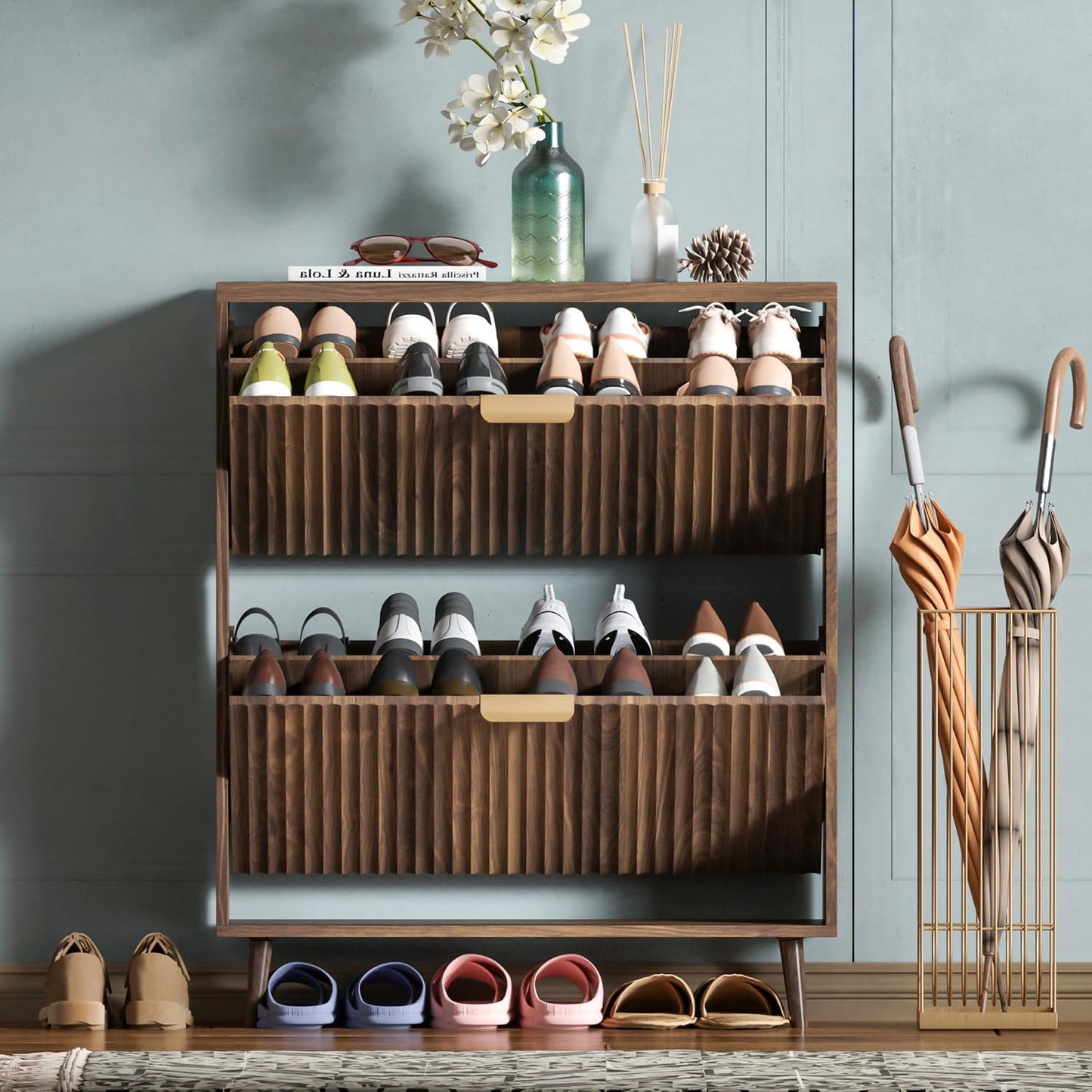 Shoe Cabinet Storage,Modern Freestanding Organizer with 2 Flip Drawers,Narrow Shoe Rack Cabinet for Entryway,Walnut