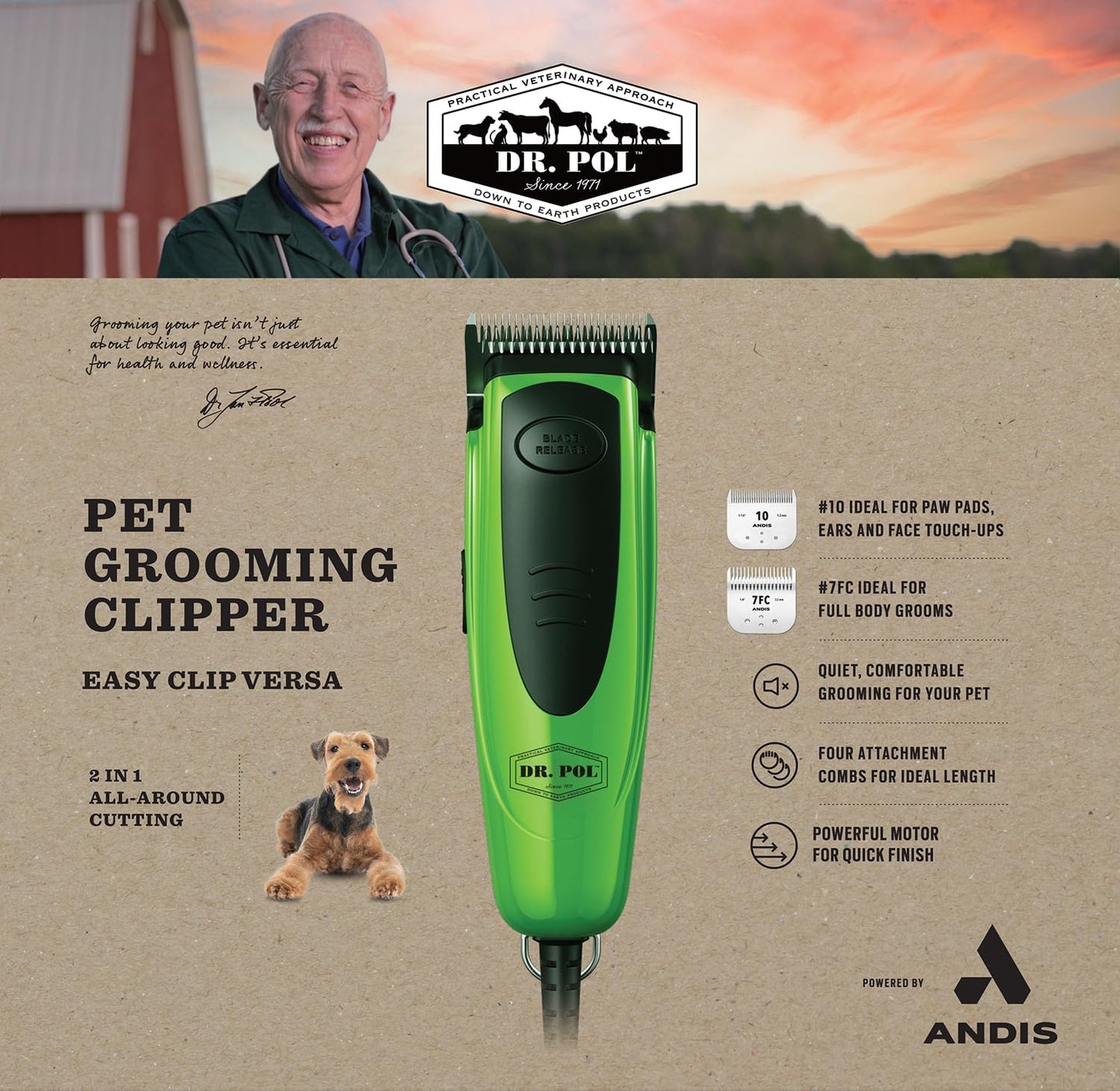 Andis Dr. Pol Easy Clip Versa Clipper Kit - Complete Grooming Solution with Detachable Blades, Attachment Combs, Nail Clipper & More for Safe, Efficient Grooming of All Dog Types, Green, 561121