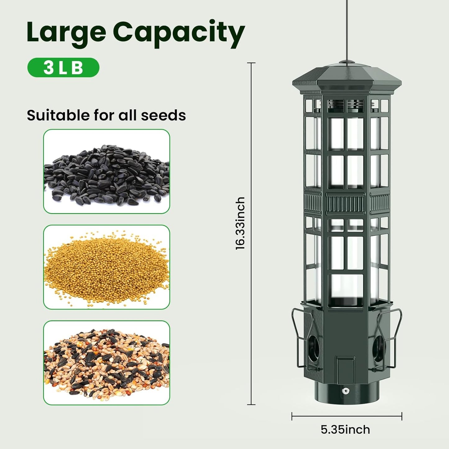 Squirrel Proof Bird Feeder for Outdoors, Gravity Spring Hanging Metal Bird Feeder, 3 Port, Chew-Proof & Weather Resistant, 3LB Large Capacity, Attract Wild Birds, Green