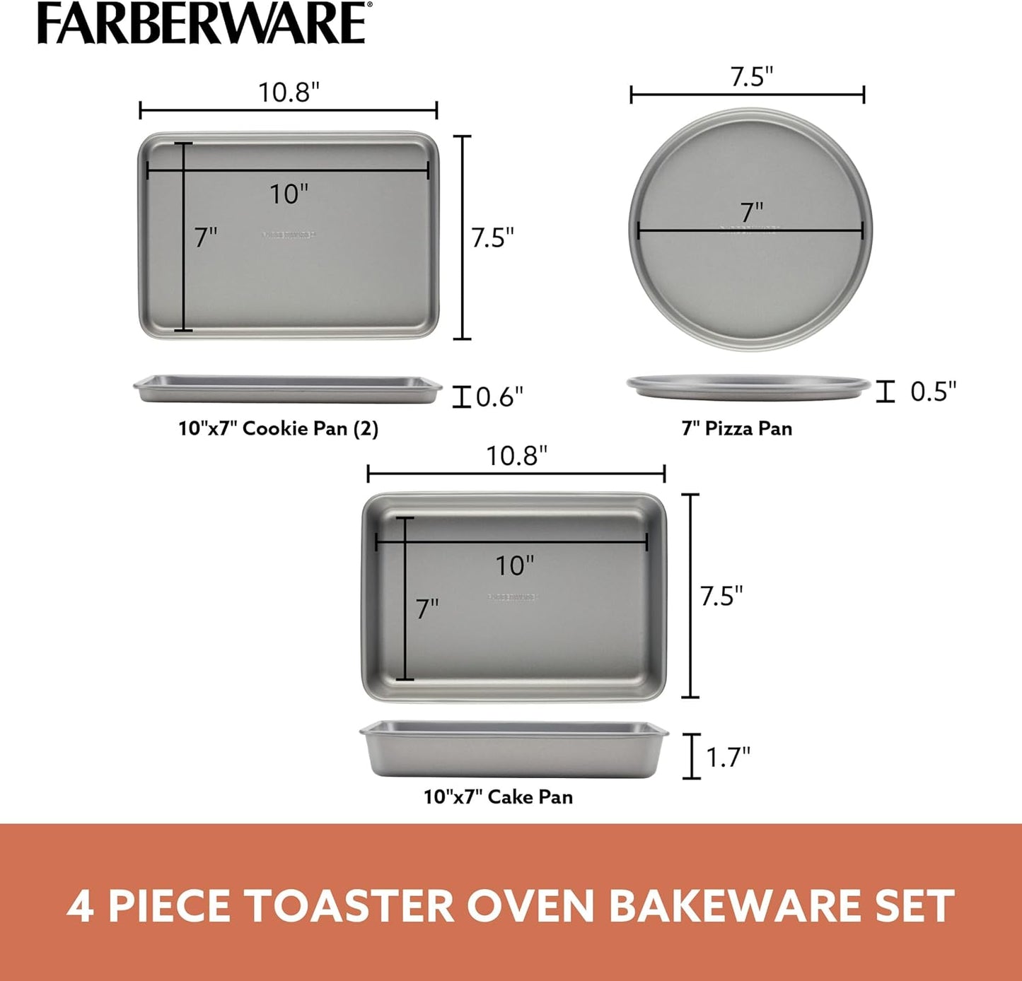 Farberware Bakeware Steel Nonstick Toaster Oven Pan Set, 4-Piece Baking Set, Gray