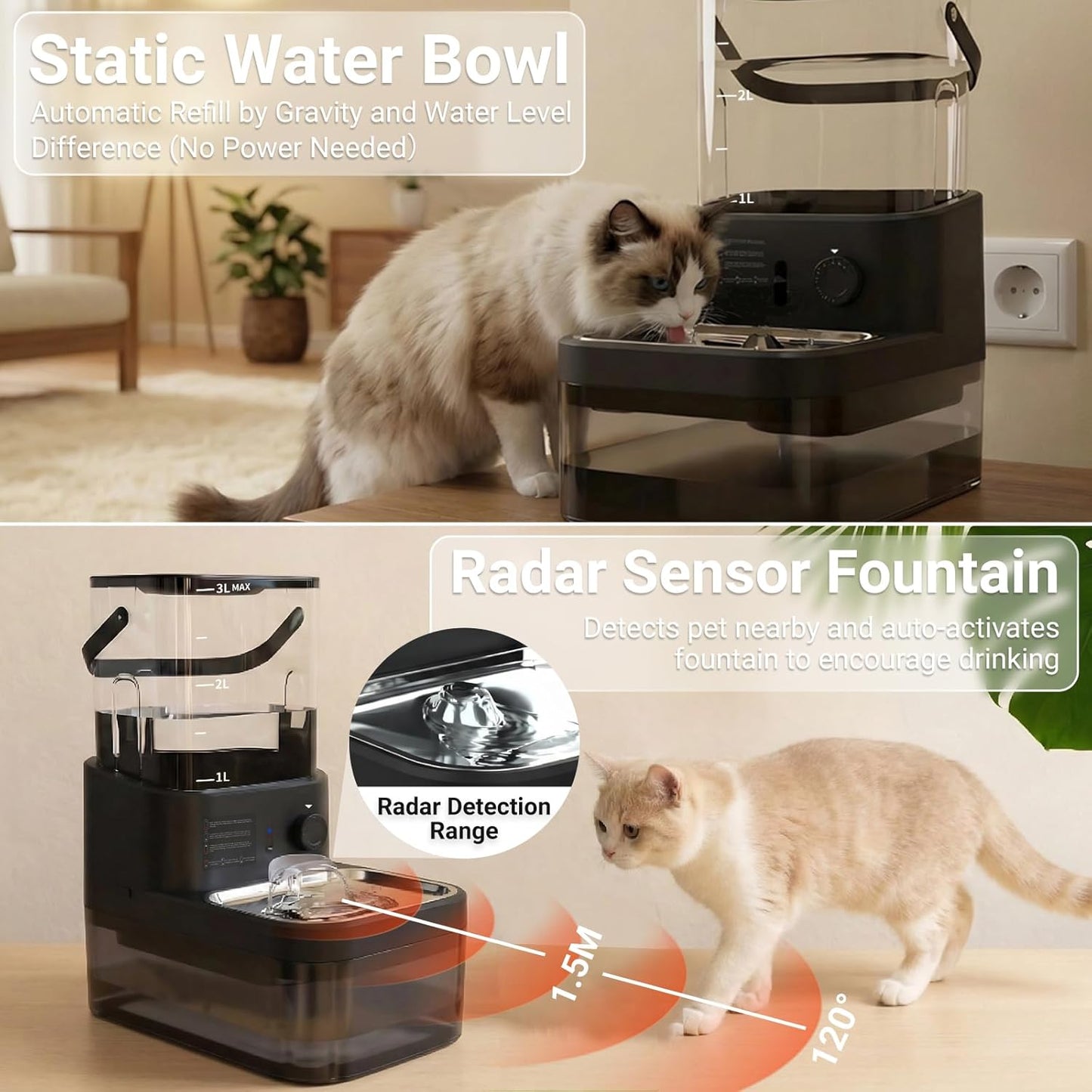 Filterless Cat Water Fountain 3L, Wireless Motion Sensor Cat Water Fountain with 4000mAh Battery, Stainless Steel Cat Bowls, Water Fountain Separate Tanks, Quiet – Black