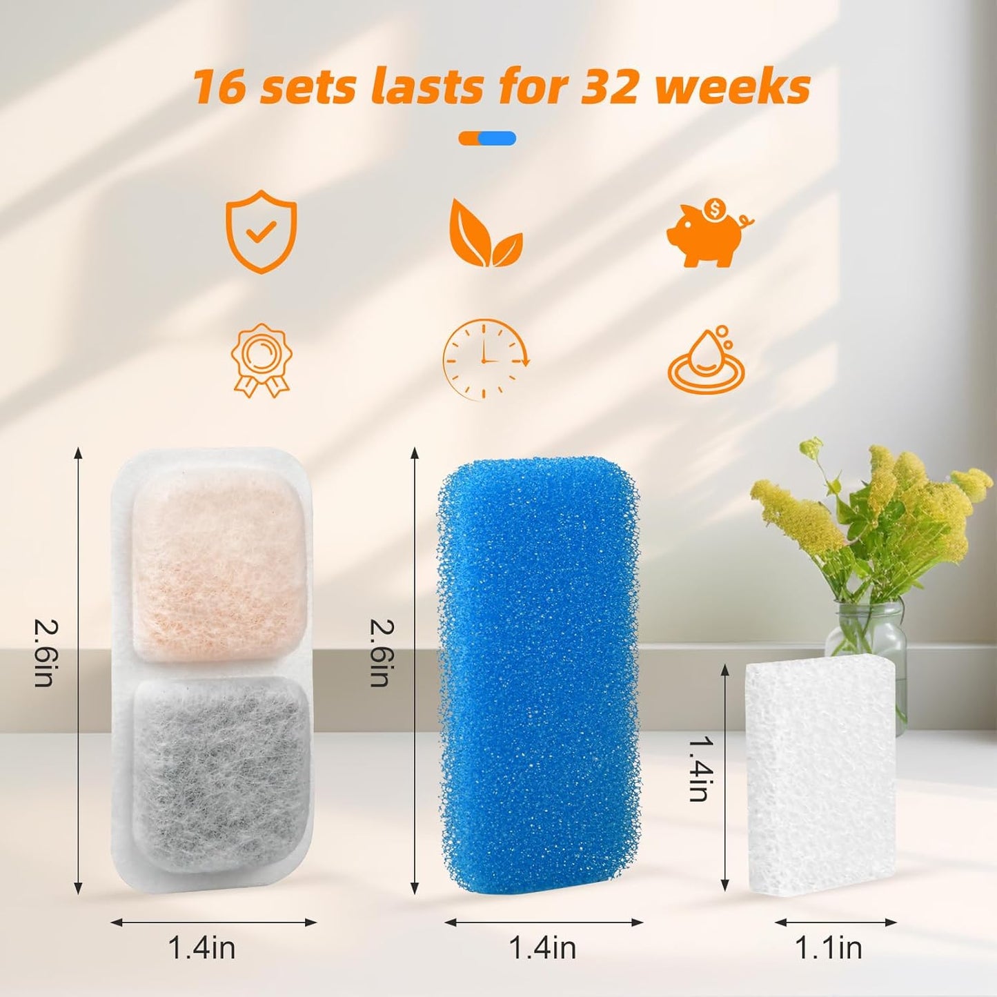 16 Sets Cat Water Fountain Filter Compatible with oneisall 67oz/2L Stainless Steel Cat Water Fountain, Activated Carbon Ion Resin Food Grade PP Cotton, Fresh and Clean
