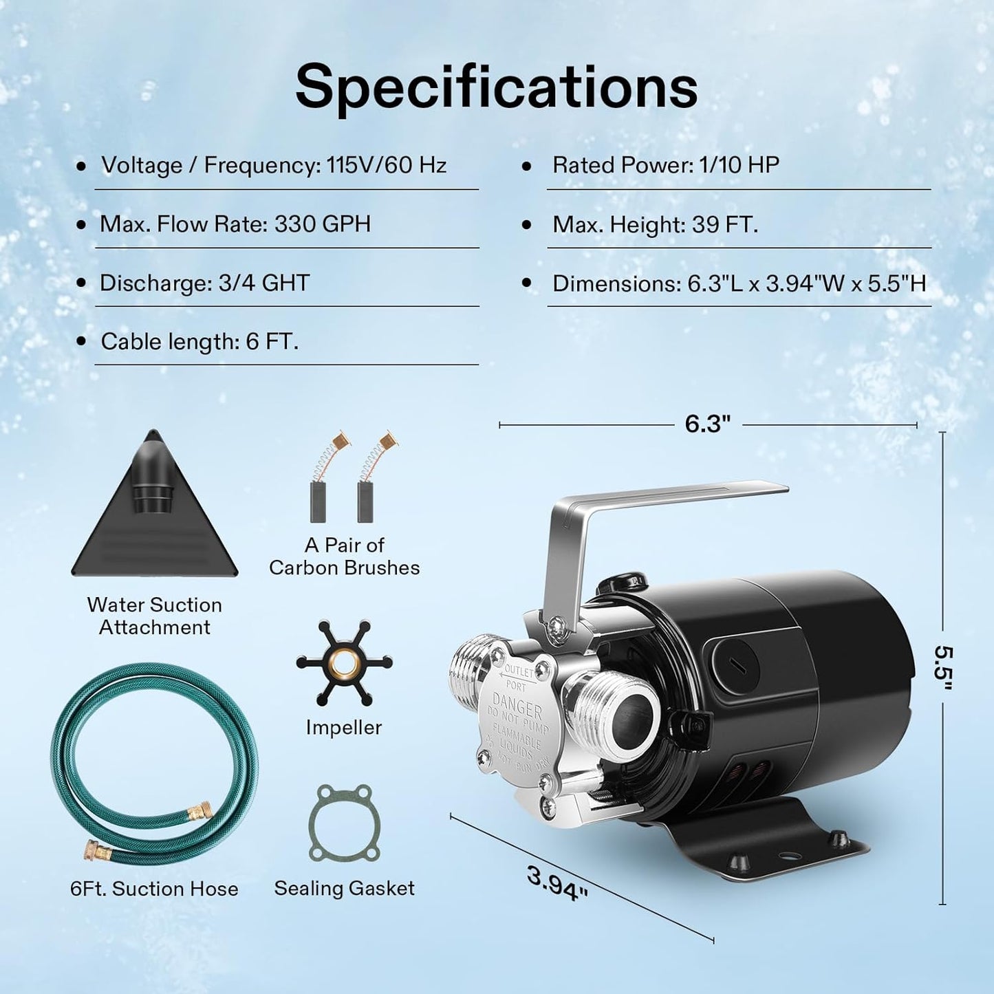 VIVOSUN 115V Water Transfer Pump, 1/10HP 330 GPH Portable Utility Pump with Water Hose Kit, Ideal for Removing Water from Gardens, Hot Tubs, Rain Barrels, Pools, Ponds, and Aquariums