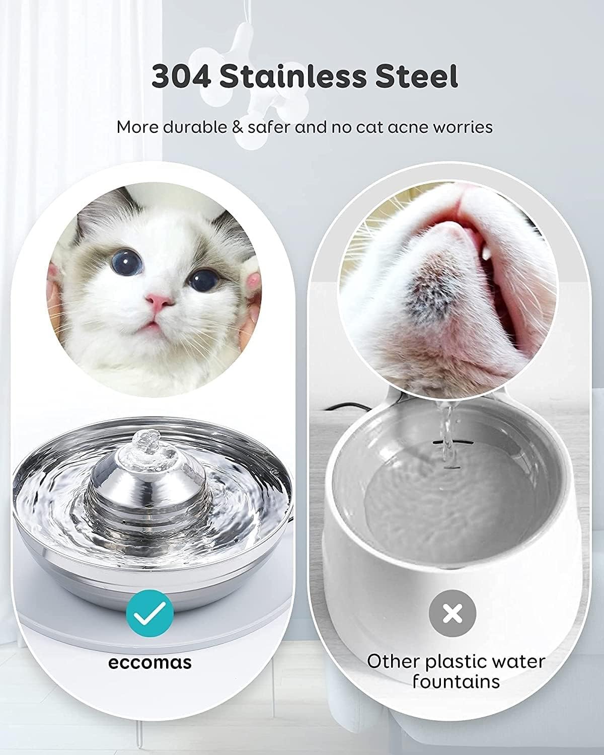 Fountain 4L Automatic Feeder for Cats, 2L/67oz Stainless Steel Water Fountain & Dog Bowl 2in1 Set with 3 Filters& Mat for Cats Dogs Pet Water Dispenser