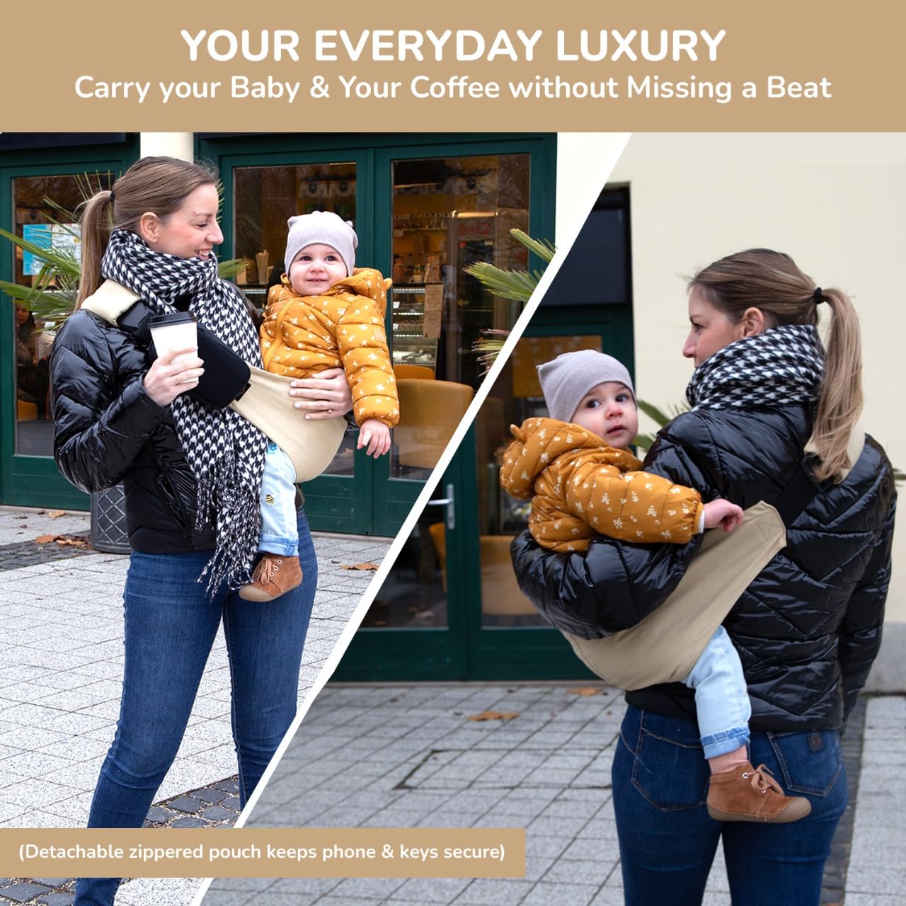 LizaBloom Baby Sling Carrier, Toddler Carrier 15–44 lbs with Adjustable Padded Shoulder Straps, Non-Slip Support, Removable Zippered Pouch, Side Sling Baby Carrier, Lightweight & Travel-Friendly