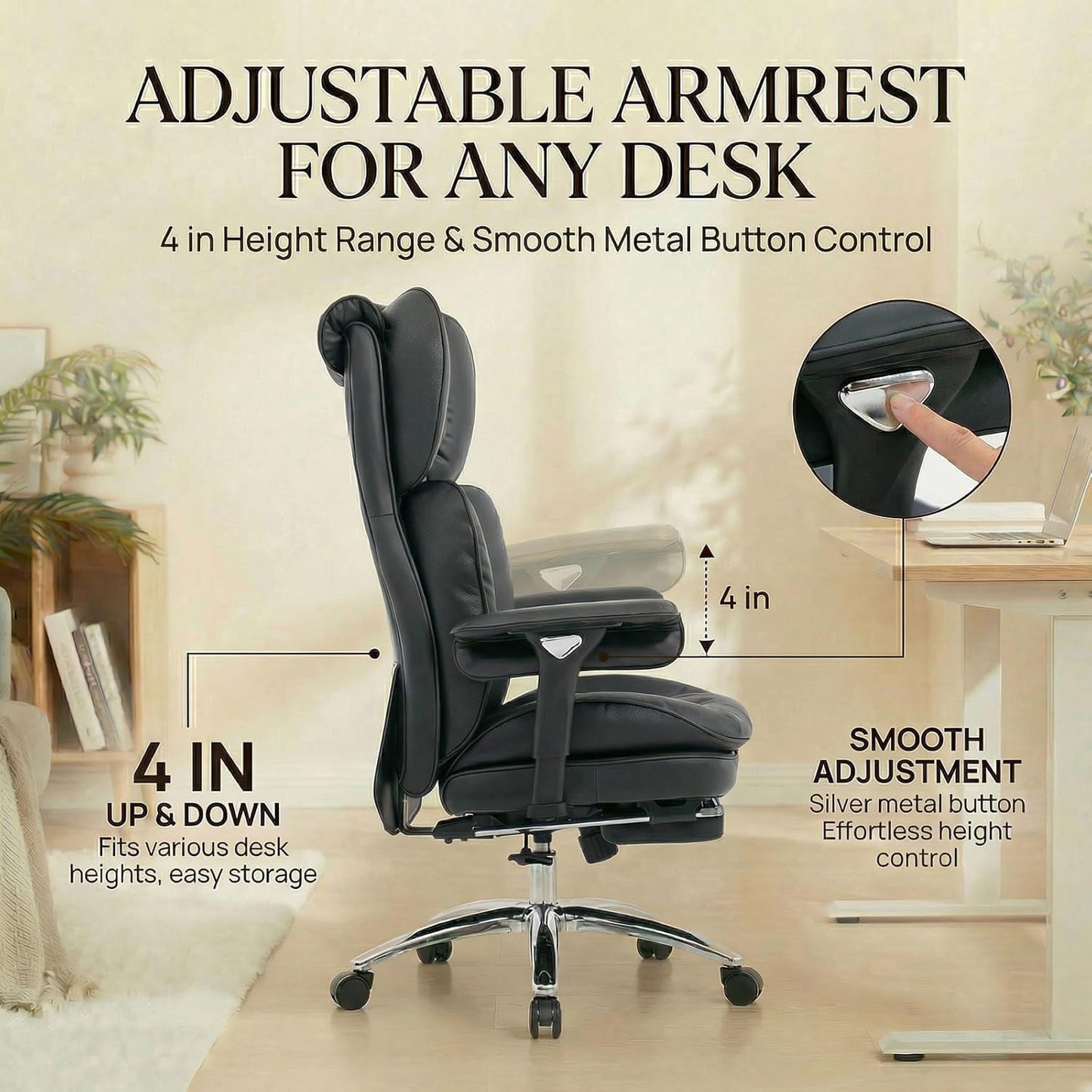 Efomao Big and Tall Office Chair 400lbs Capacity, Executive High Back Chair with 3-Angle Locking Recline and Footrest, Wide Double Padded Desk Chair for Home Office, Metal Frame, Black