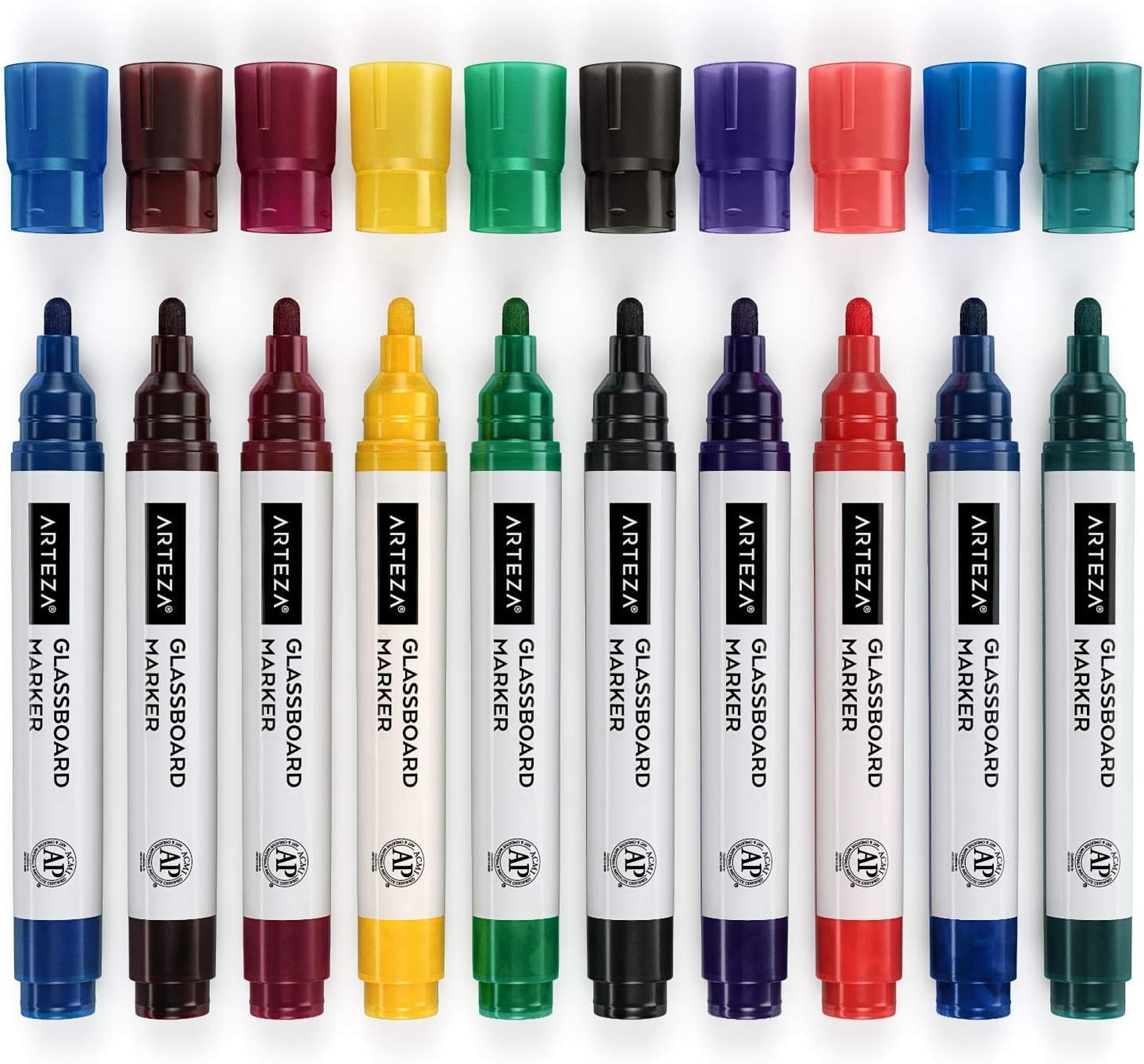 ARTEZA Glass Board Dry Erase Markers, Pack of 10 Colors Glass Markers, Low-Odor Ink, Erasable Mirror Window Markers, Office Supplies for Whiteboards,