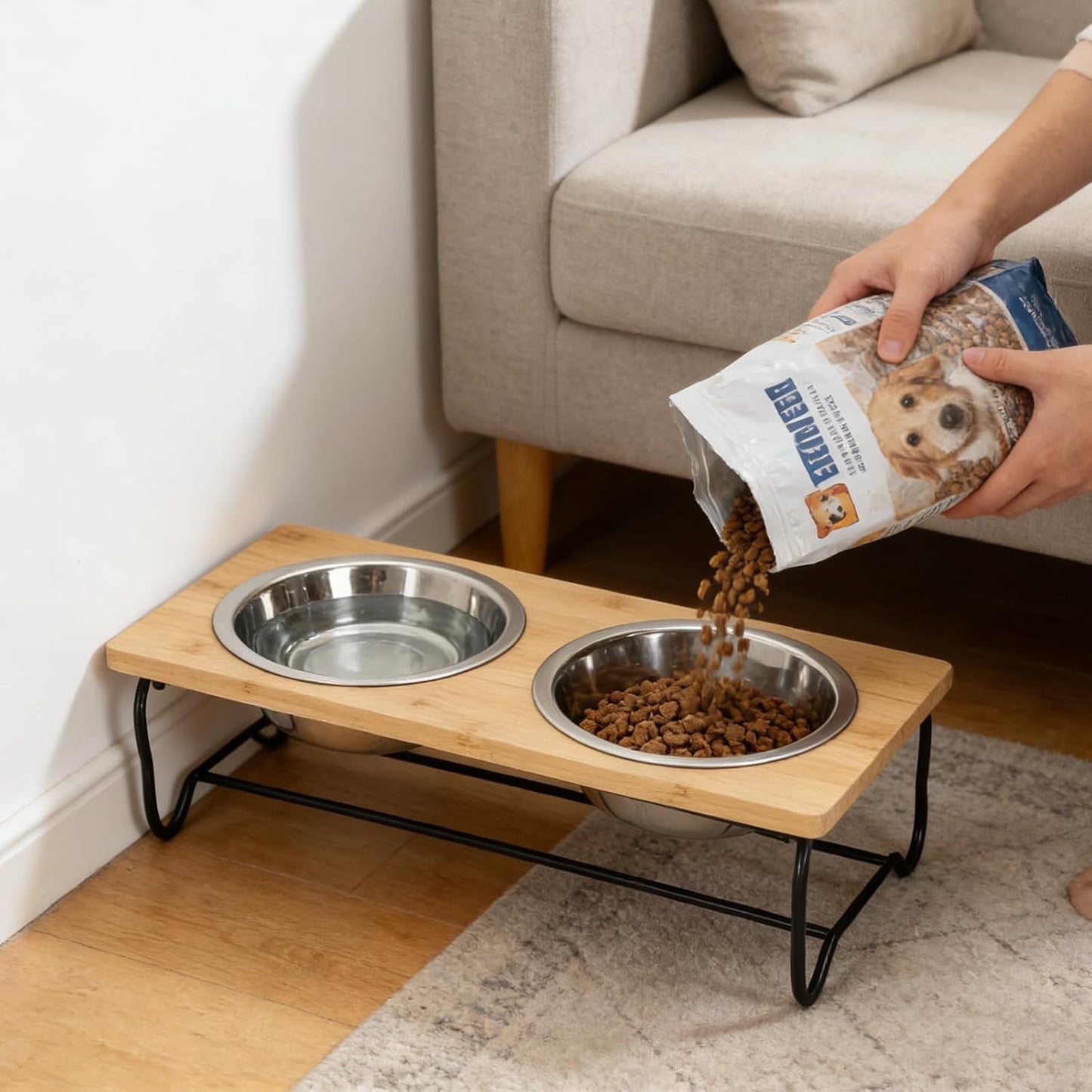 Elevated Dog Bowls for Small Medium Dogs,Wooden Pet Raised Food Bowl Stand Stainless Dishes Feeding Set Wood Stands for Cat and Puppy Feeder Steel Dish Station Bulldog Dachshund Feeders