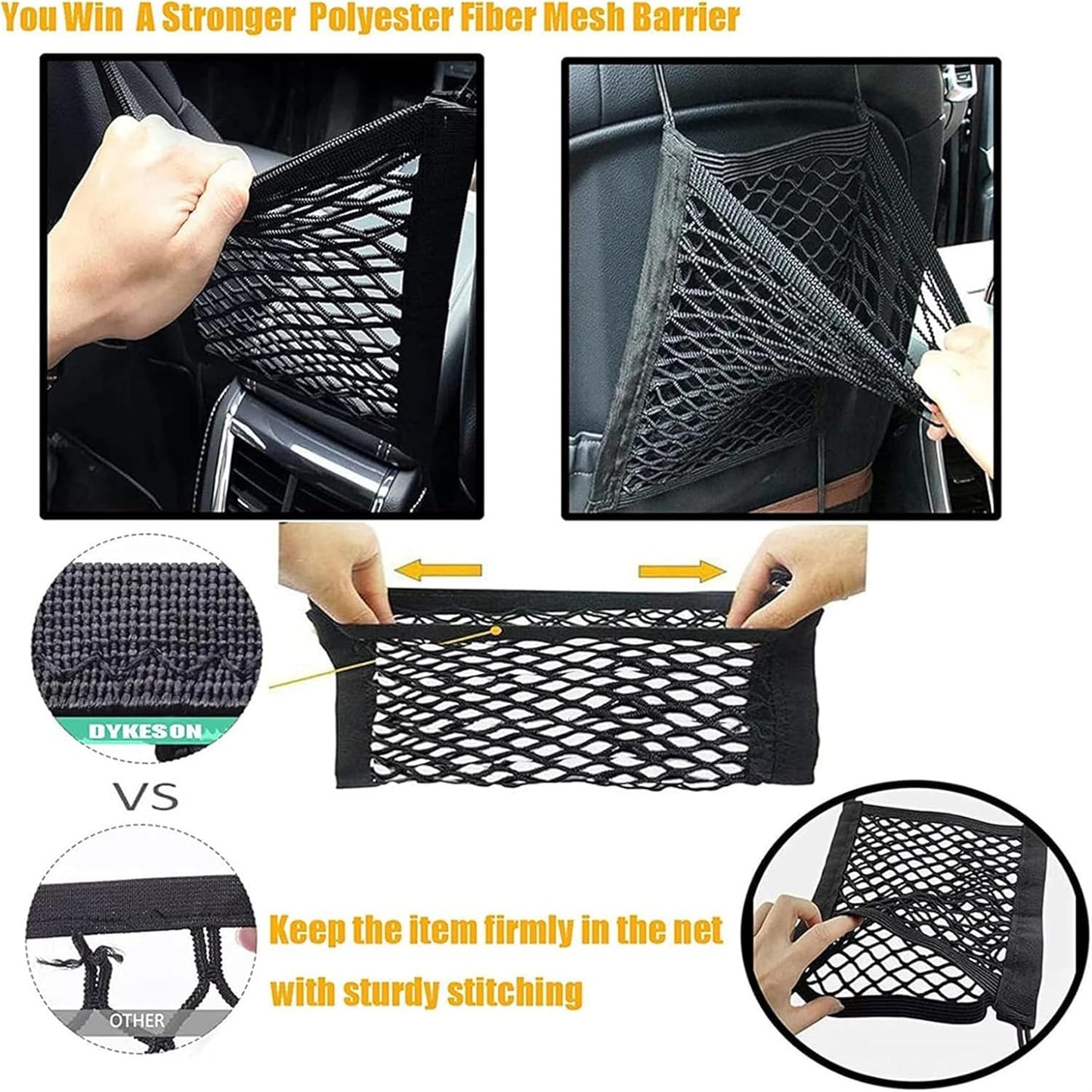 DYKESON Dog Car Net Barrier Pet Barrier with Car Mesh Organizer for Dog & Child, Safety Divider with Storage Pouch, Easy Install for Cars & SUVs