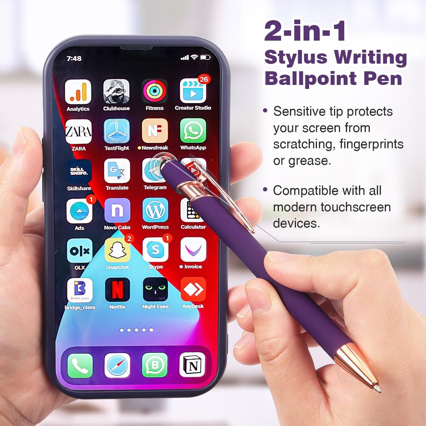 Bribobo 6 Pack Ballpoint Pen 2-in-1 Stylus Retractable Ballpoint Pen with Stylus tip, Metal Stylus Pen for Touch Screens, 1.0 mm Black Ink, 6 Different Color