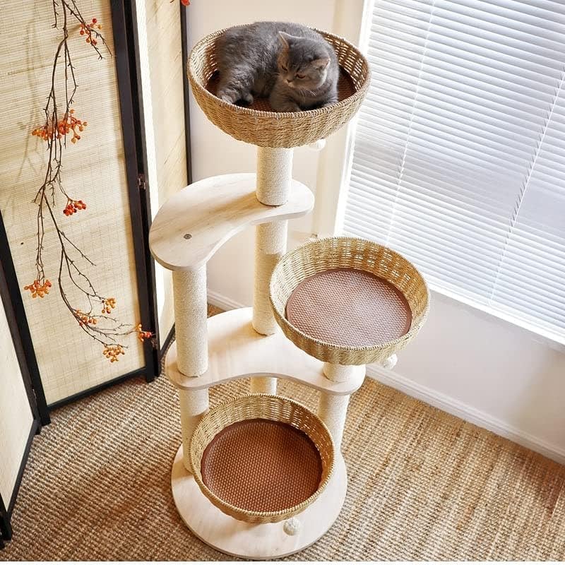Modern Wood Cat Tree for Large Cats,Luxury Rattan Oak Solid Cat Trees Towers，3 Weaving Cat Nests & Washable Cushions, Sisal Scratching Posts,Cat Condo for Indoor Cats, Varnish, Easy Clean (Large-O1)