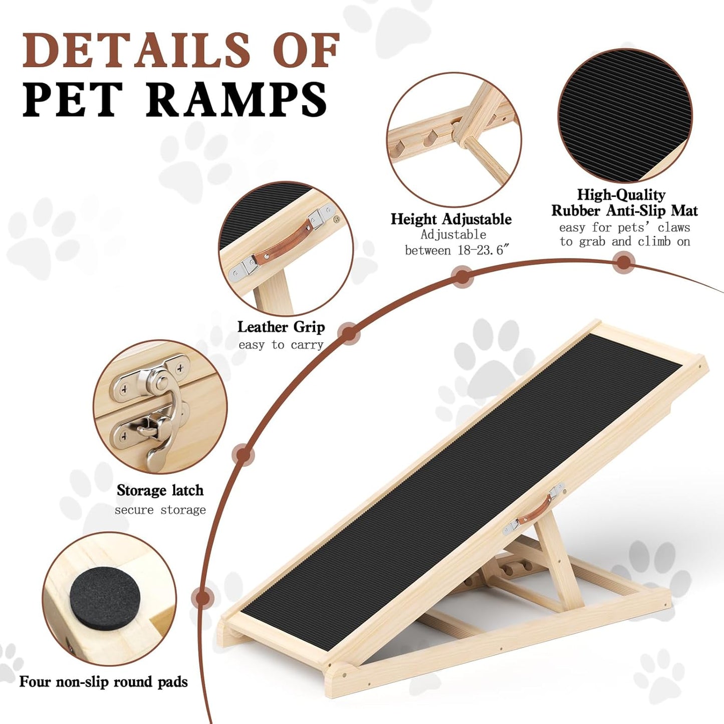 Dog Ramp for Couch, Bed, Car, Adjustable Pet Ramps 6 Height from 18" to 23.6" Wooden Dog Step with High Traction Mat & Sturdy Build for Small Medium Older Pets, Supports up to 200lbs