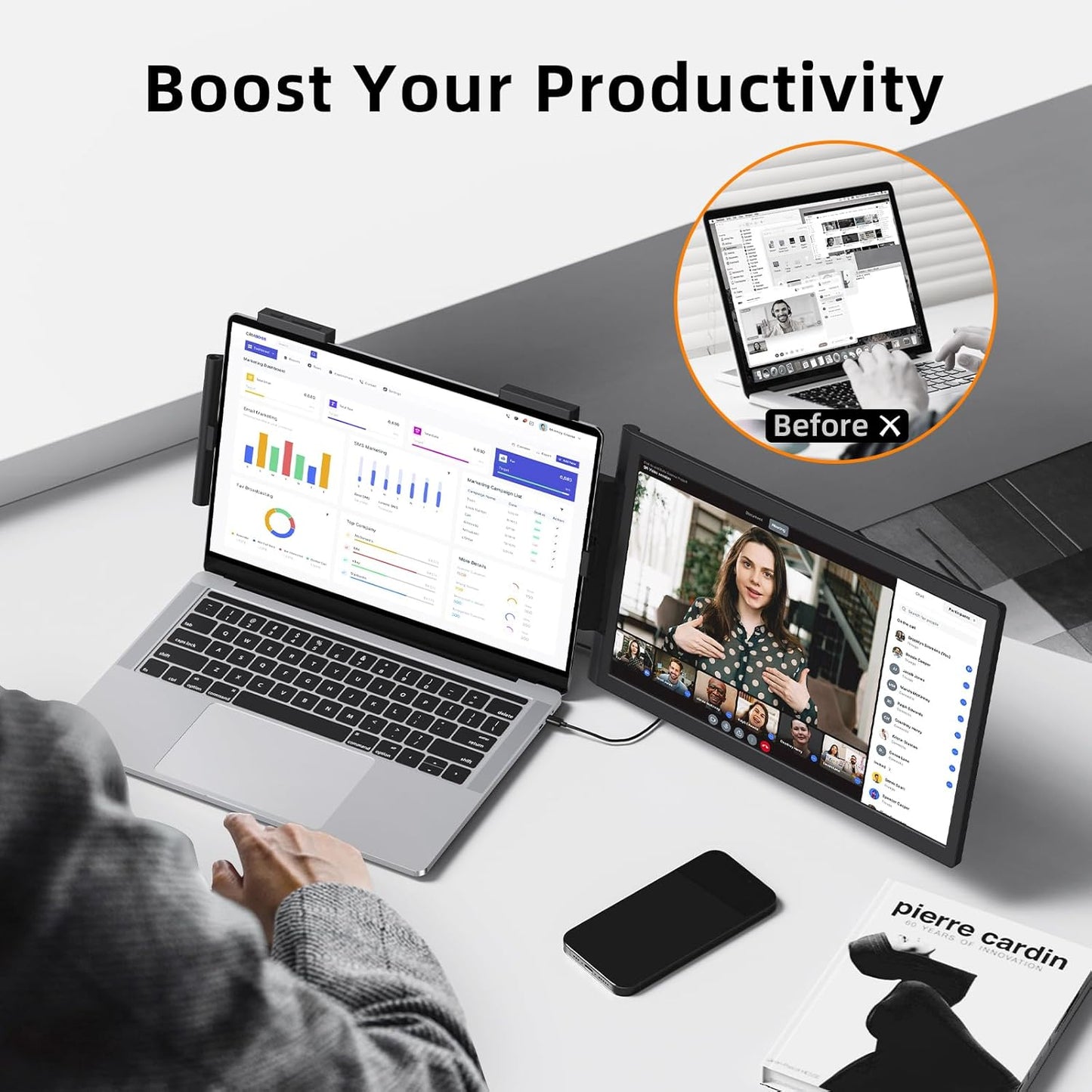 Laptop Screen Extender, 14" 1080P Portable Monitor, Type-C HDMI Plug and Play for 13.3" - 16.1" Laptops, 270° Rotation Attachment Display for Windows/MacOS/Chrome Laptop Phone