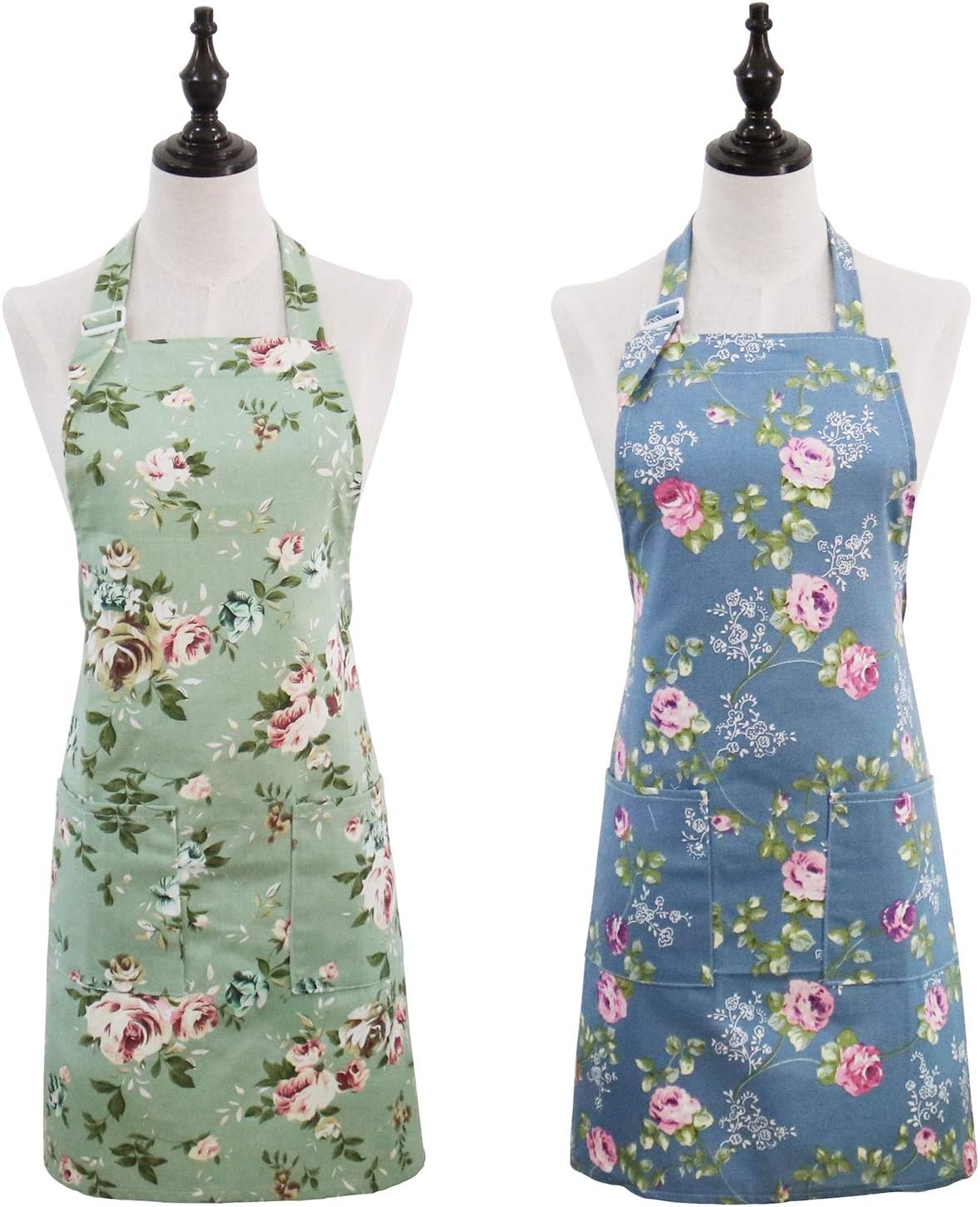 Floral Aprons for Women, 2 Pack Kitchen Aprons with Pockets for Cooking Baking, Gardening Apron Gifts for Gardeners, Birthday Mothers Day Apron Gift for Mom Wife Sister Daughter Grandma