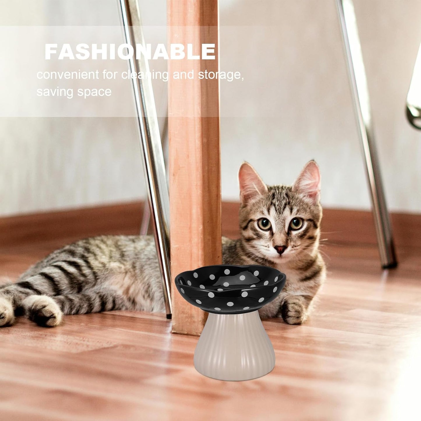 PRETYZOOM Elevated Cat Feeding Bowl and Raised Water Dish Ceramic Pet Bowl Wide Shallow Design with Black Mushroom Stand for Small Dogs and Indoor Cats