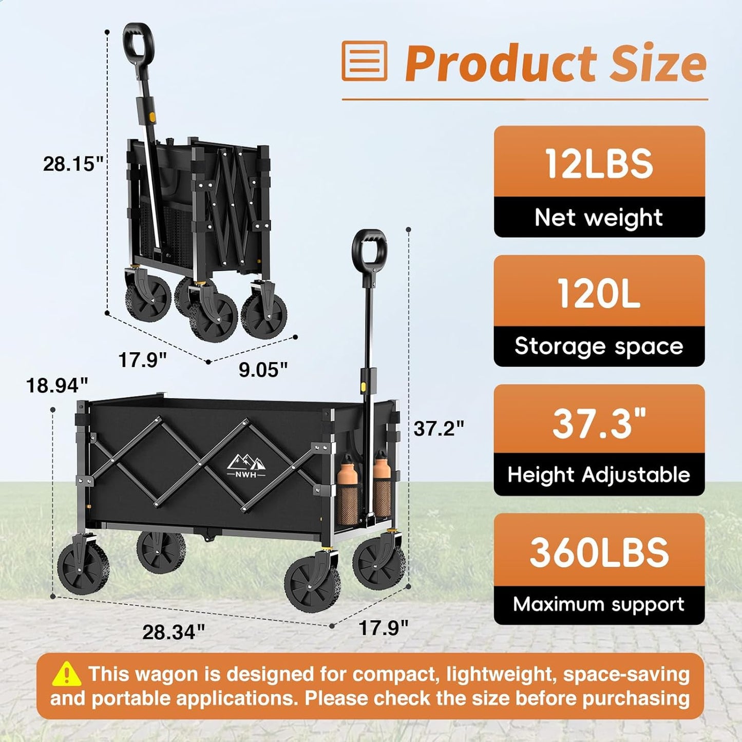NWH Collapsible Wagon Cart with Wheels Foldable, 360LBS Large Capacity Portable Folding Utility Heavy Duty Beach Wagons Cart with All-Terrain Wheels for Groceries Shopping, Camping, Sports, Garden