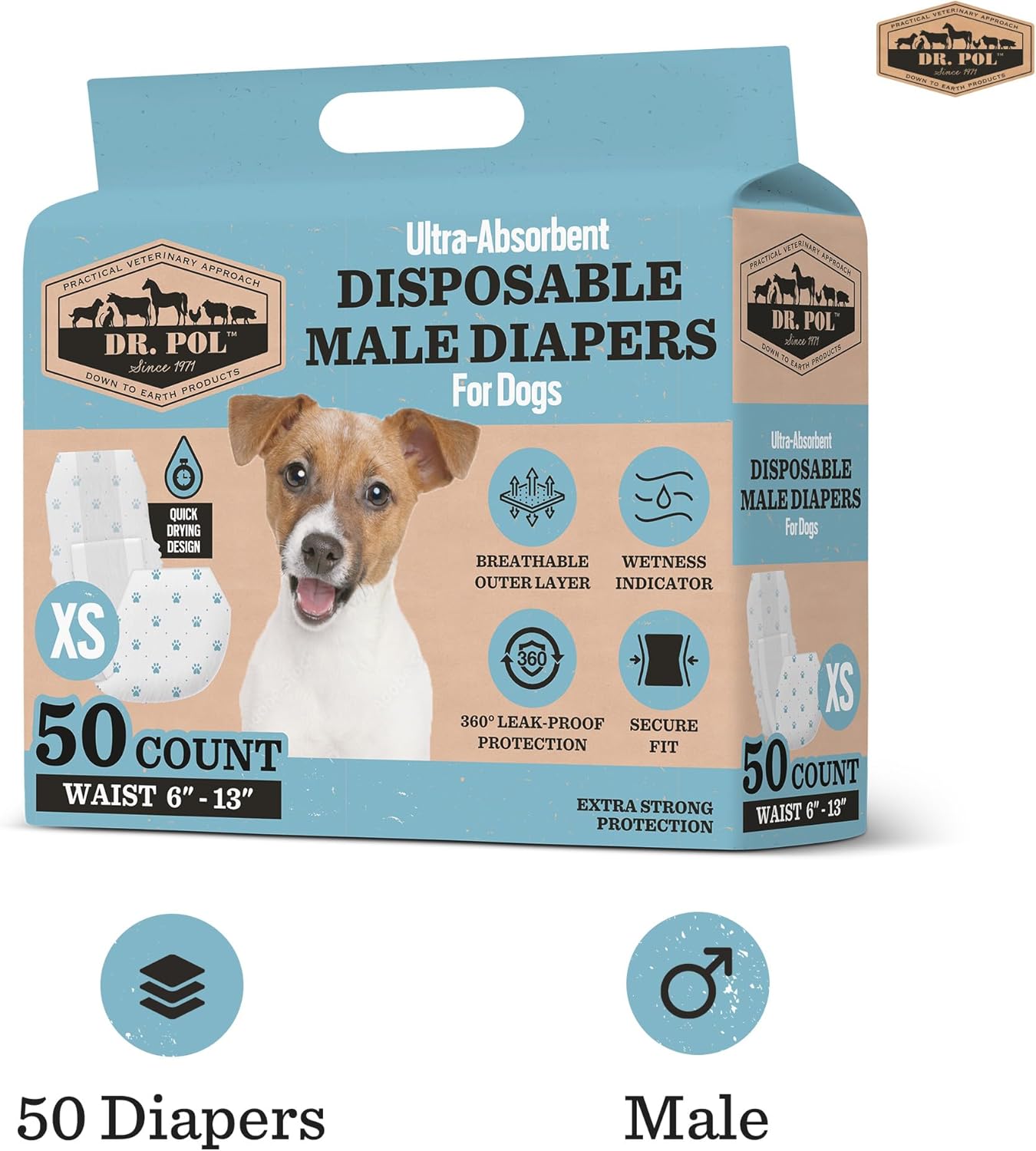 Dr Pol Dog Diapers for Male Dogs | Disposable Pet Diapers with Wetness Indicators | Adjustable Fit | Leak Protection & Super Absorbent | Perfect for Heat Cycles & Training Accidents | Pack of 50